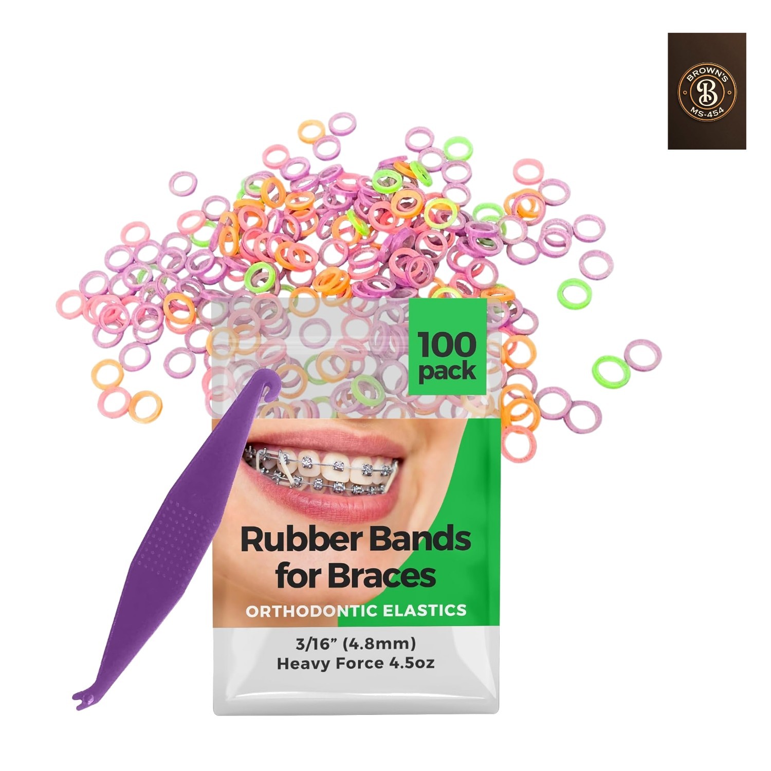 Orthodontic Rubber Bands for Braces 3/16 Heavy Force 4.5 oz – 100 Pack, Neon,…