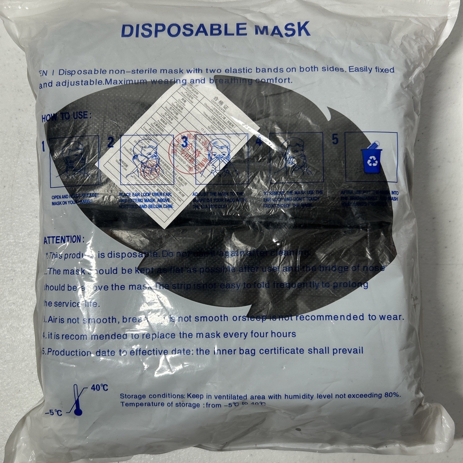 100 Disposable Face Masks Black 3 Layer Protection 2 Elastic Bands Each Side