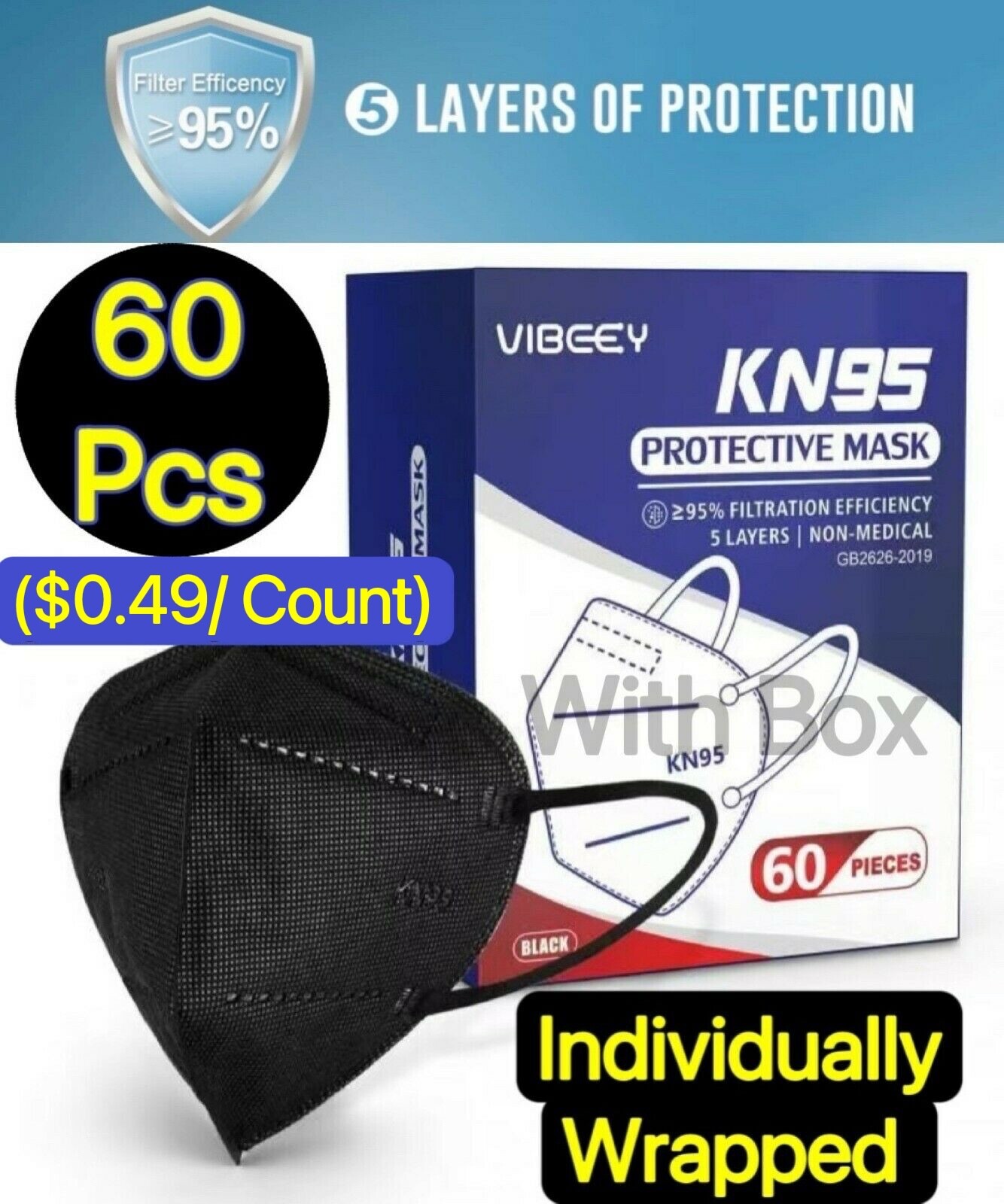 60 Pcs Black KN95 Protective 5 Layer Disposable Face Mask Adult Mouth Nose Cover