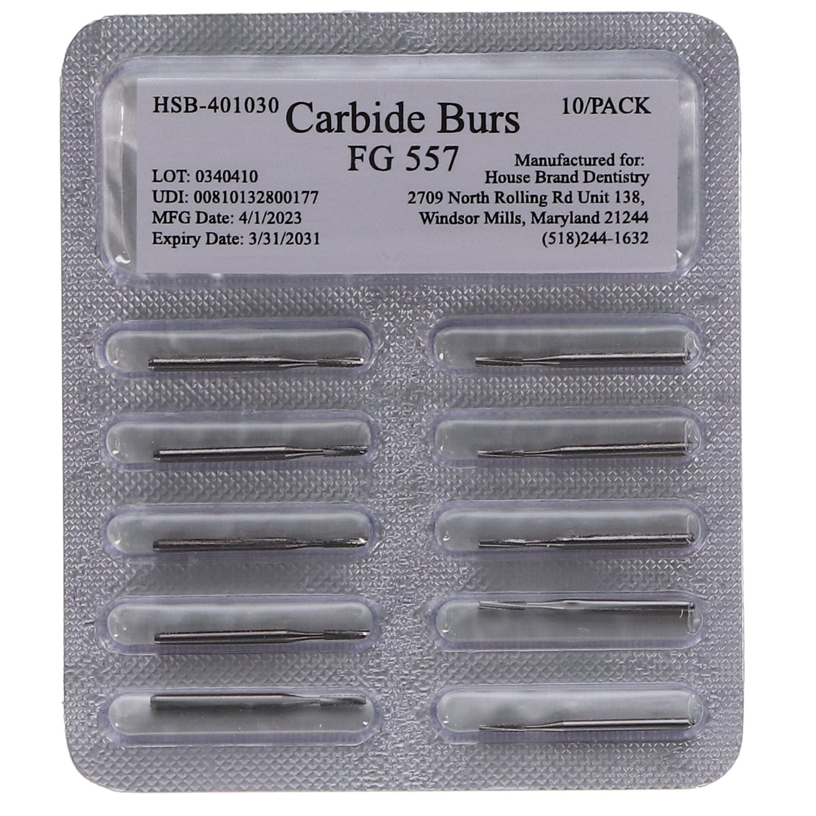 House Brand Dentistry 401030 FG 557 Straight Fissure Crosscut Carbide Burs 100Pk