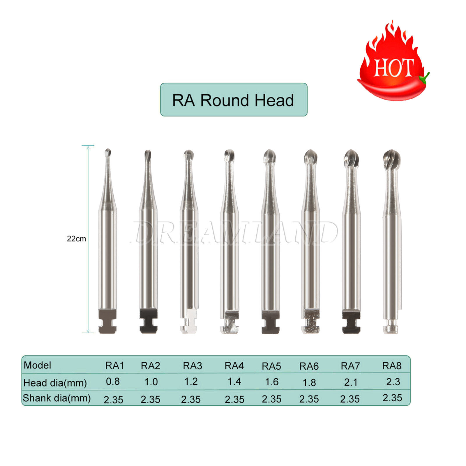 Dental Round Carbide Bur for Slow Speed Latch Type RA 1# -RA 8# Burs 22.5mm