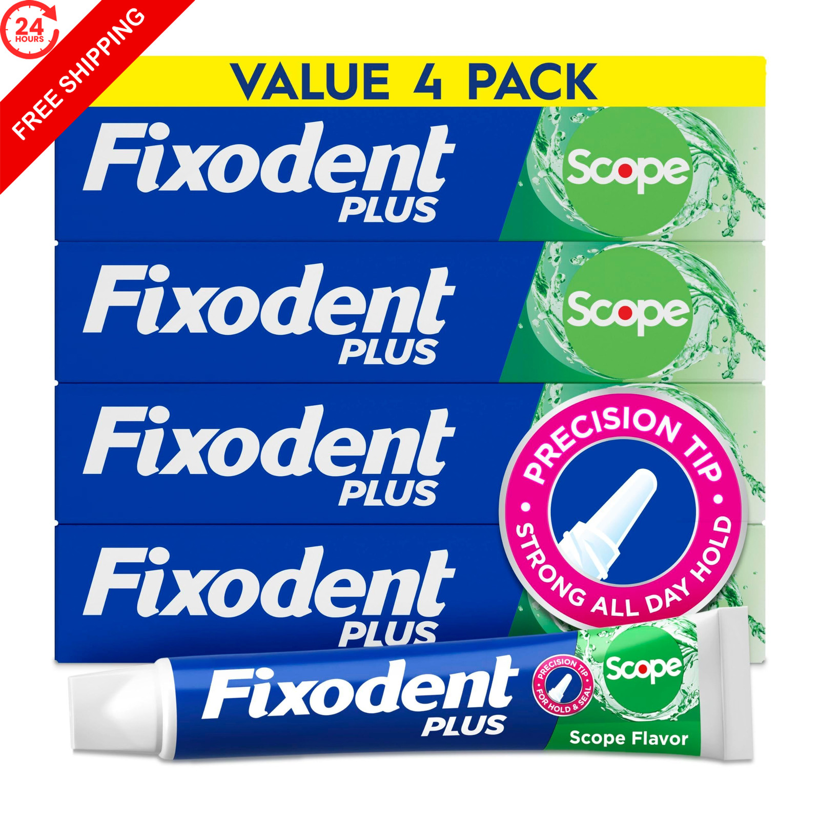Fixodent Plus Scope Denture Adhesive Cream, 2 Ounce (Pack of 4), blue & green