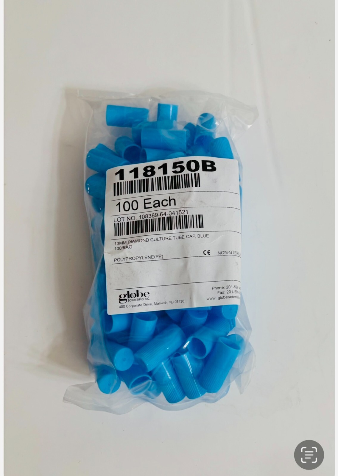 Globe Scientific Diamond Tube Cap for 13mm Culture Tubes, Polypropylene 100/PK