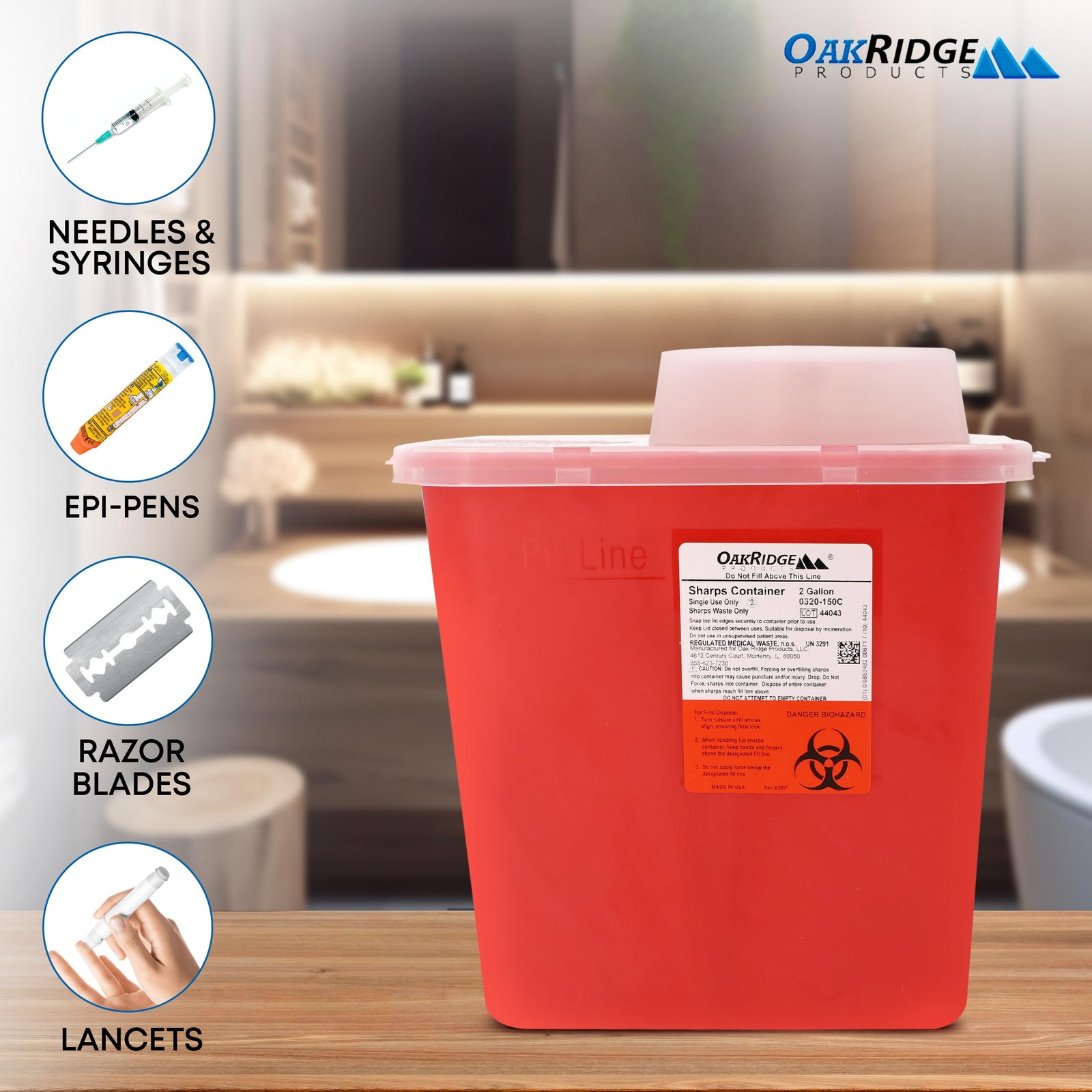 Oakridge Products Large Sharps Container for Home Use and MEDIUM, RED