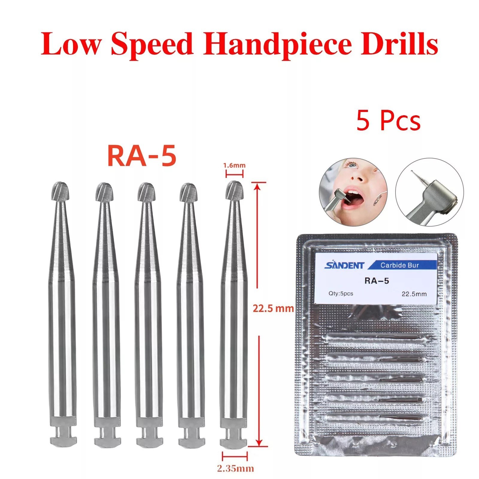 25 Pcs/5 Pack Dental 22.5mm Round Carbide Bur Slow Speed Latch Type RA5 Burs USA