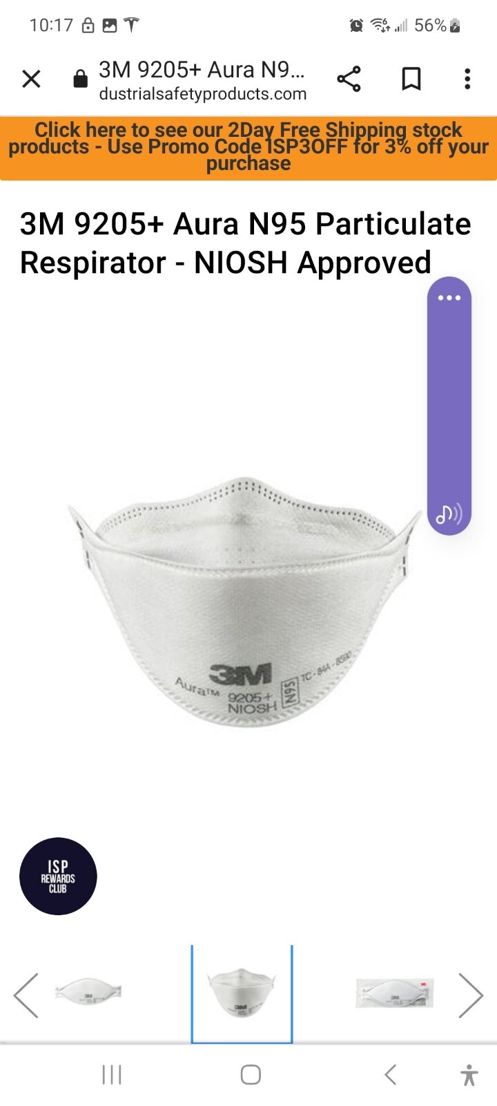 3M 9205+ AURA N95 NIOSH Approved Particulate Respirator Mask Face Masks USA MADE