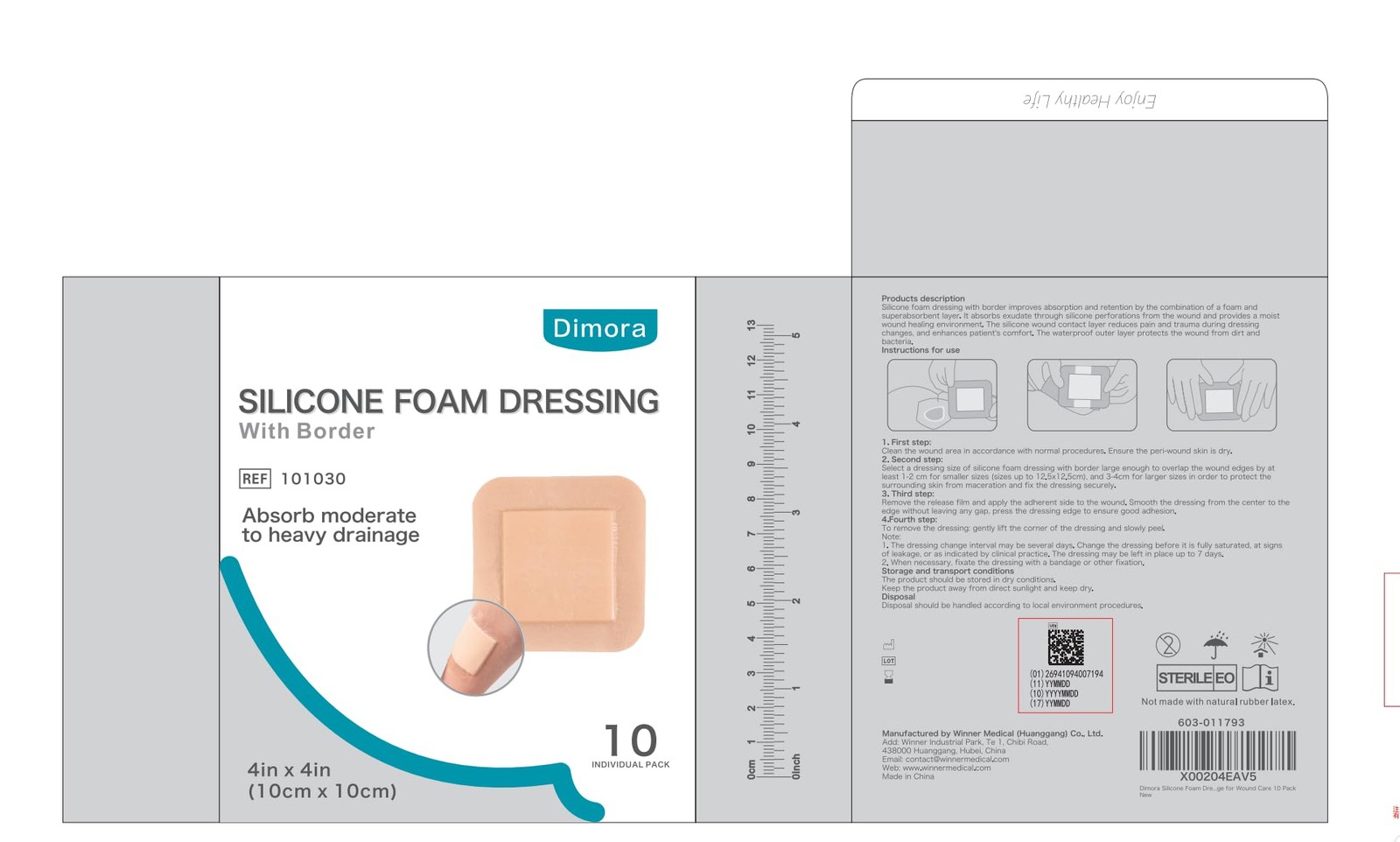 Dimora Silicone Foam Dressing with Border Adhesive 4×4 Inch (Pack of 10)