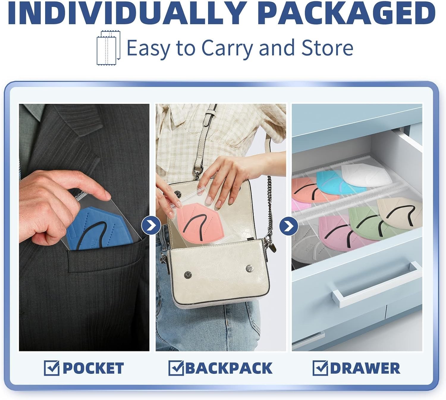 Disposable KN95 Face Masks, 50 Pack, 10 Colors, Individually Wrapped