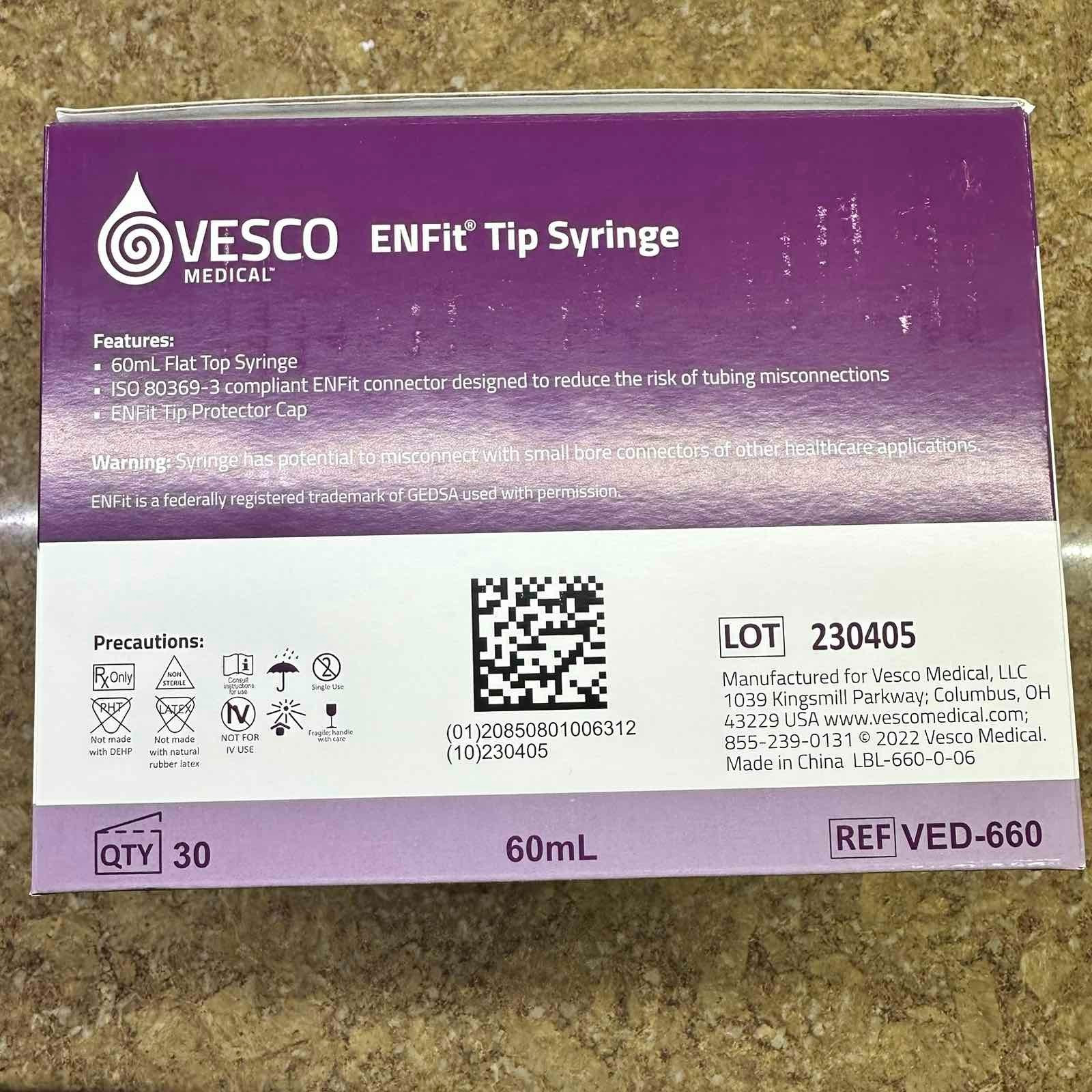 New Sealed Vesco Medical ENFIT Tip Syringe 60ML VED-660 Box of 30