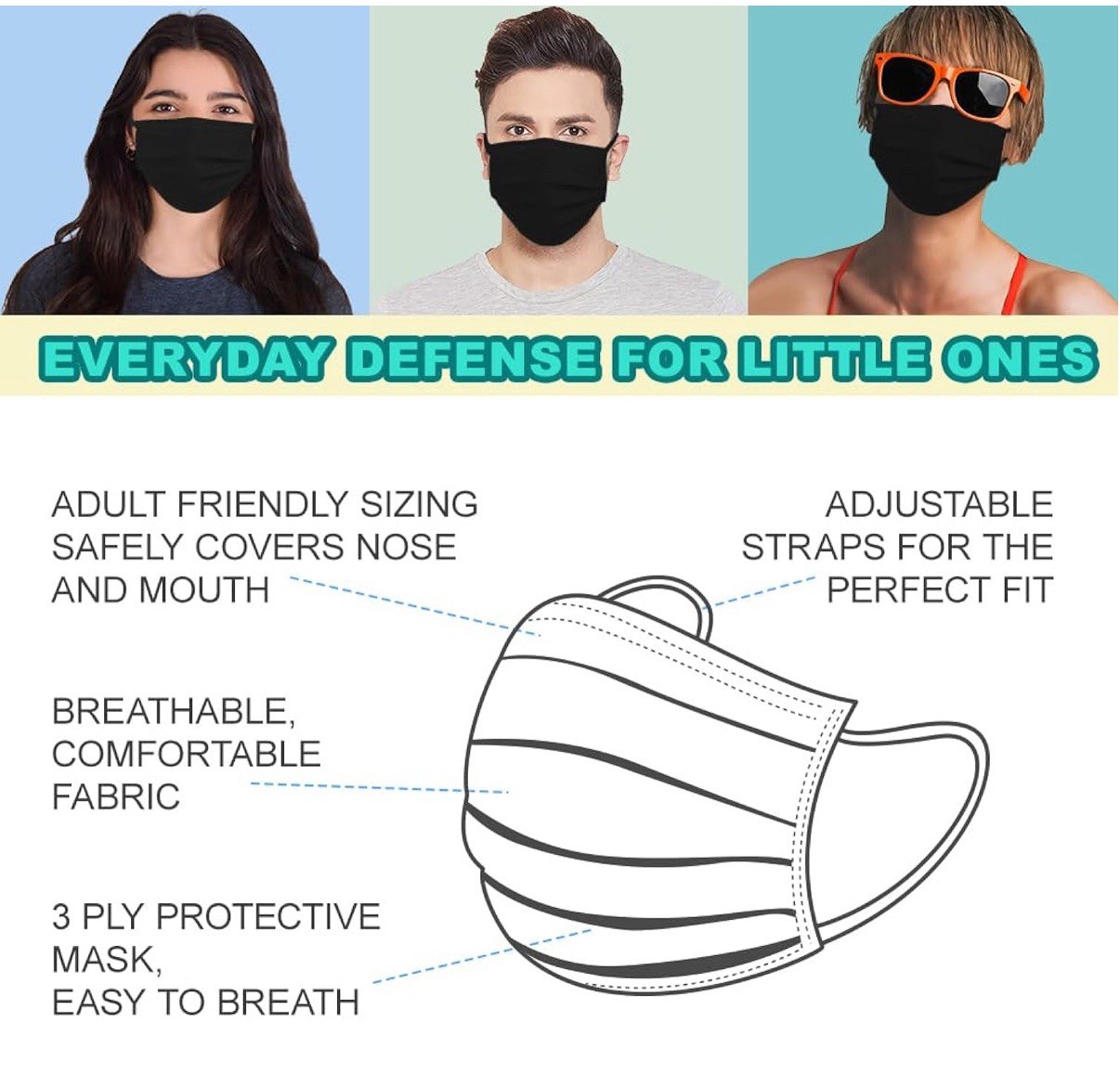 1000 Pcs Protective Disposable Respirator 3-Layers Protect Cover Black Face Mask