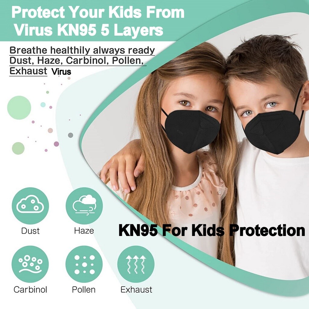 Kids Child Disposable 1-1000 Black KN95 Face Mask 5 Layer C.E Approval FFP2 95%
