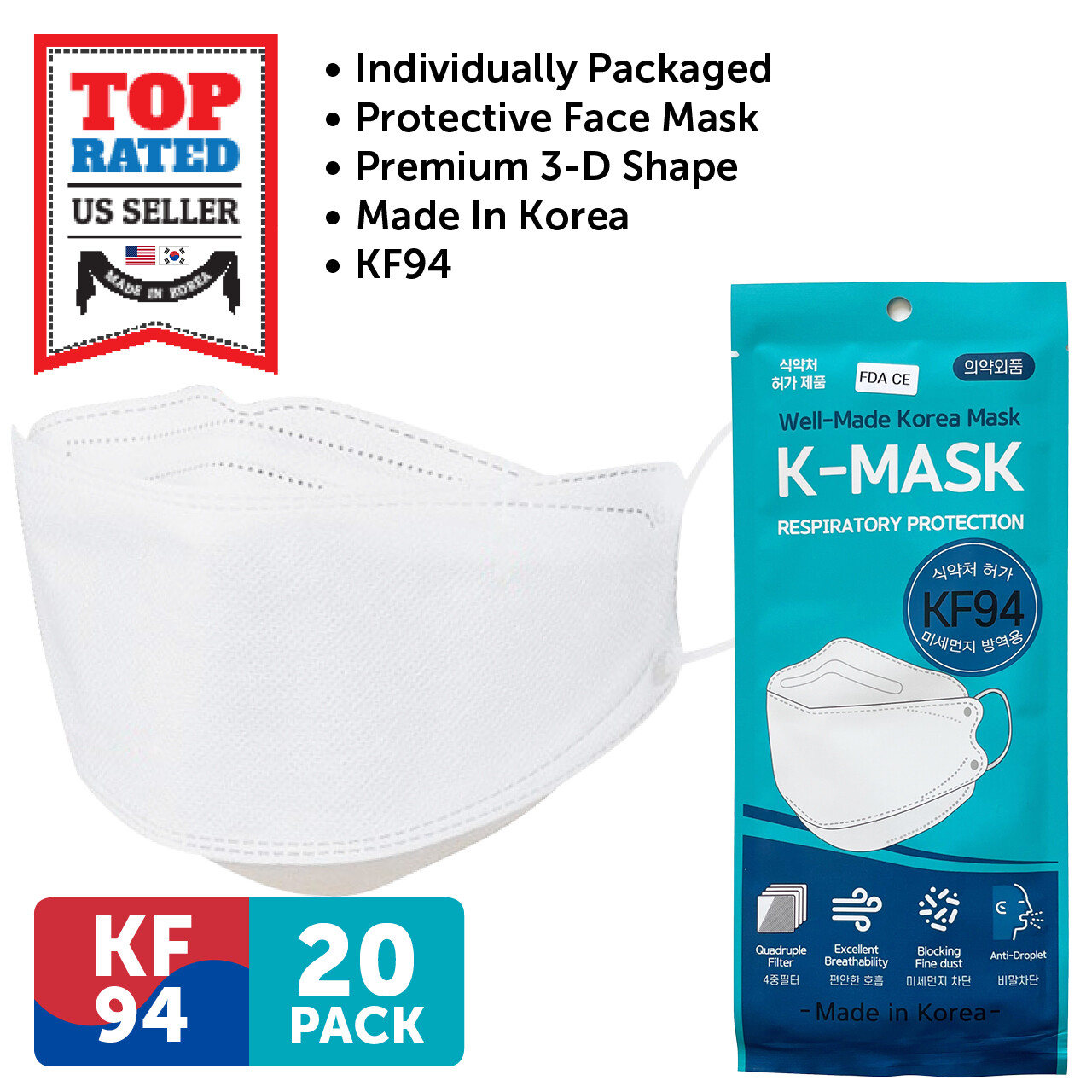 20 PCS KF94 WHITE Protective Safety Face Mask 4 Layer Adult Made in Korea