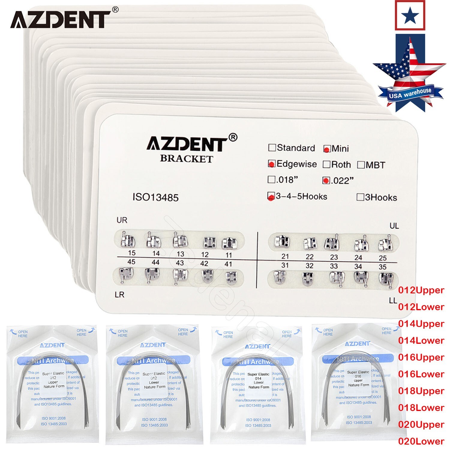 AZDENT Dental Orthodontic Brackets Mini Roth/MBT 022 Hooks 345/10Size Arch Wires