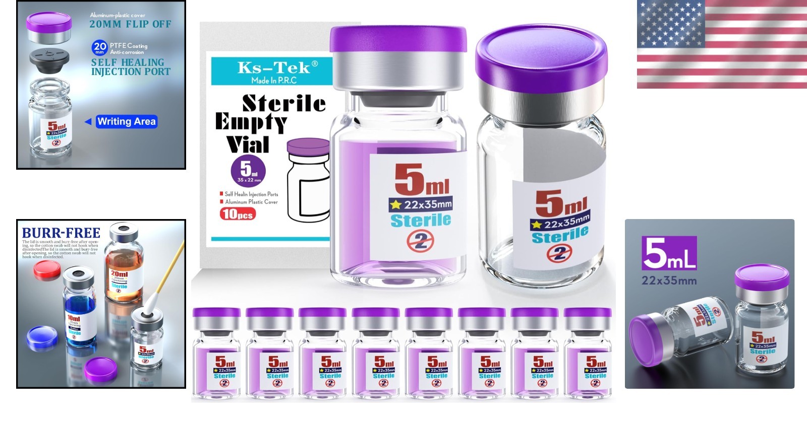 Pack of 10 Leak-Proof 5ml Sterile Vials with Aluminum Flip Cap for Laboratories