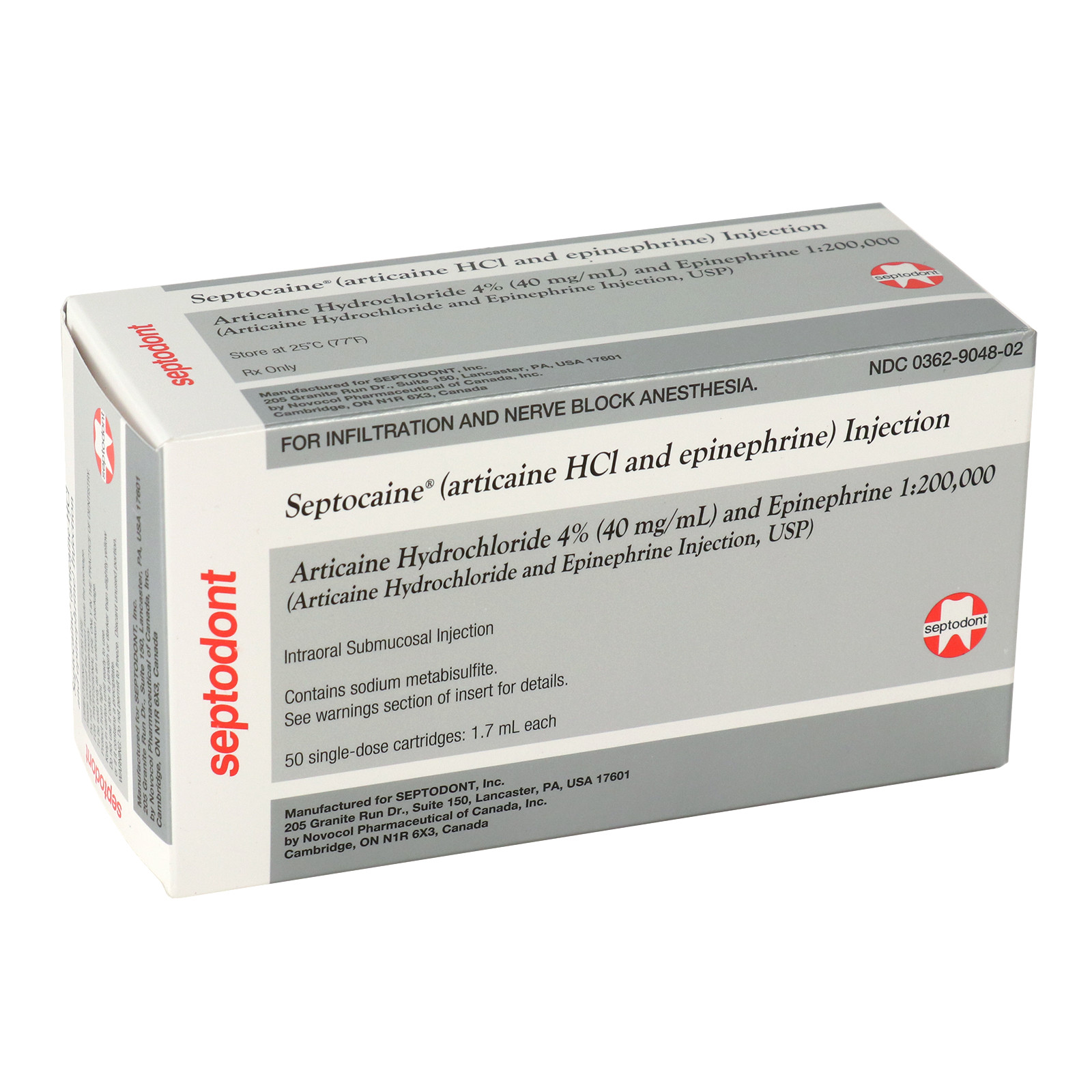 50pcs Septocaine® Silver Articaine w/Epinephrine 1:200,000 HCl 4% 2026/9