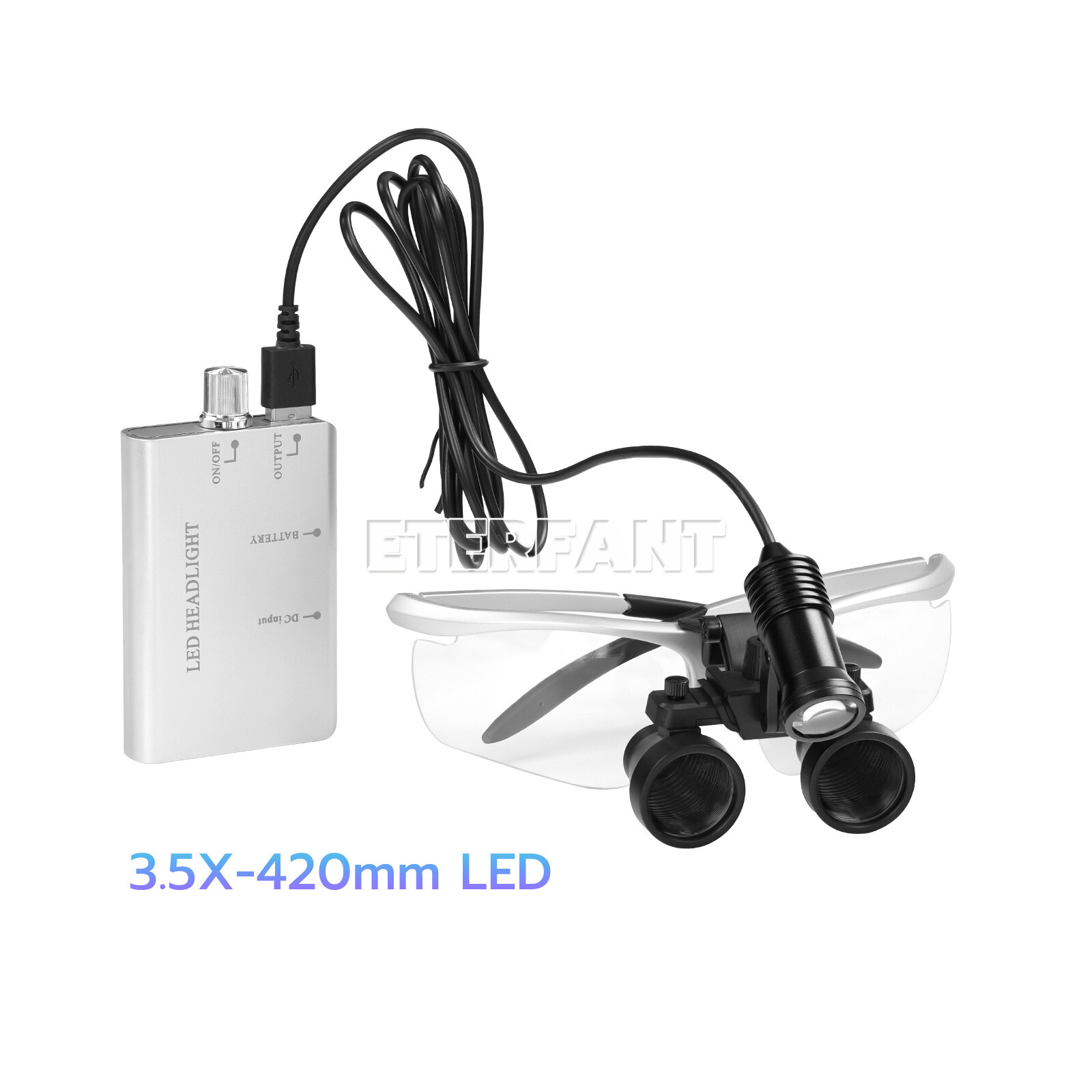 ETERFANT 3.5X Dental HD Binocular Magnifier Loupes Silver+5W LED Head Light Lamp