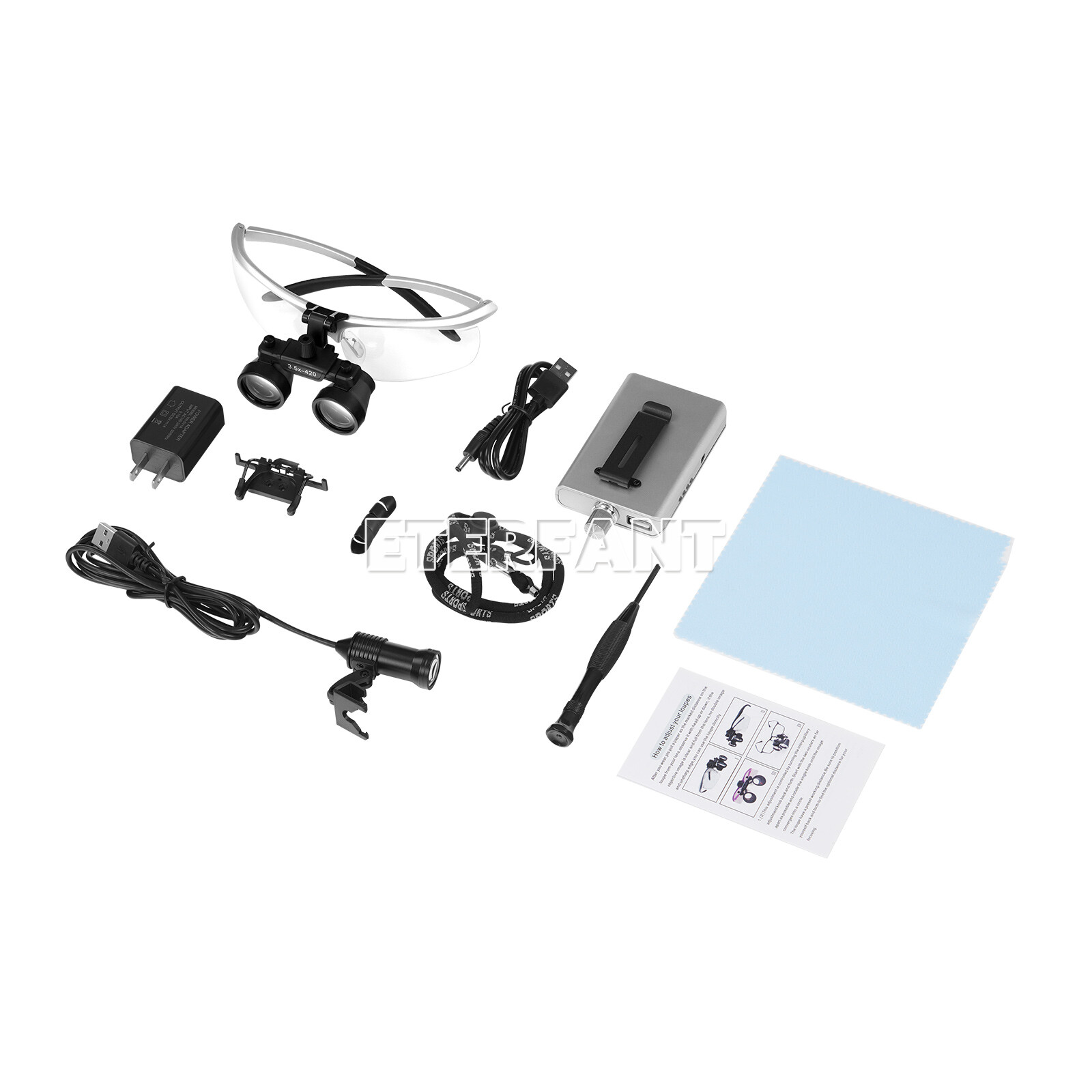 ETERFANT 3.5X Dental HD Binocular Magnifier Loupes Silver+5W LED Head Light Lamp