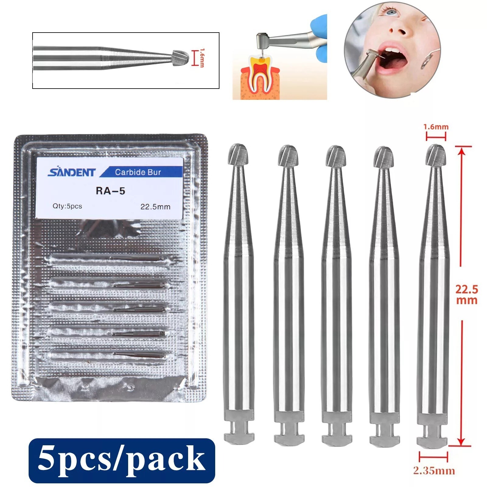 25 Pcs/5 Pack Dental 22.5mm Round Carbide Bur Slow Speed Latch Type RA5 Burs USA