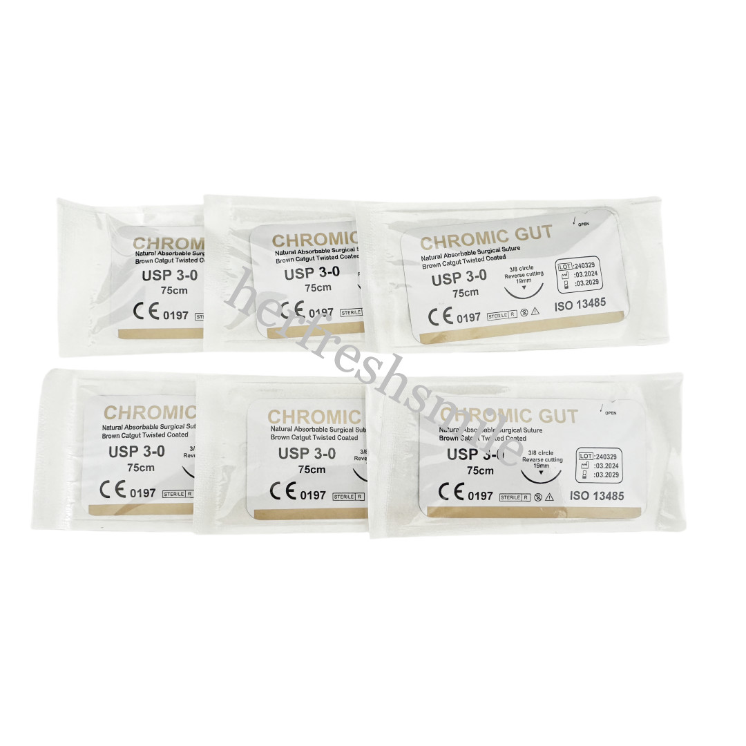 Dental Absorbable Surgical Suture Brown CHROMIC GUT 3-0 75cm 3/8 Reverse Cutting