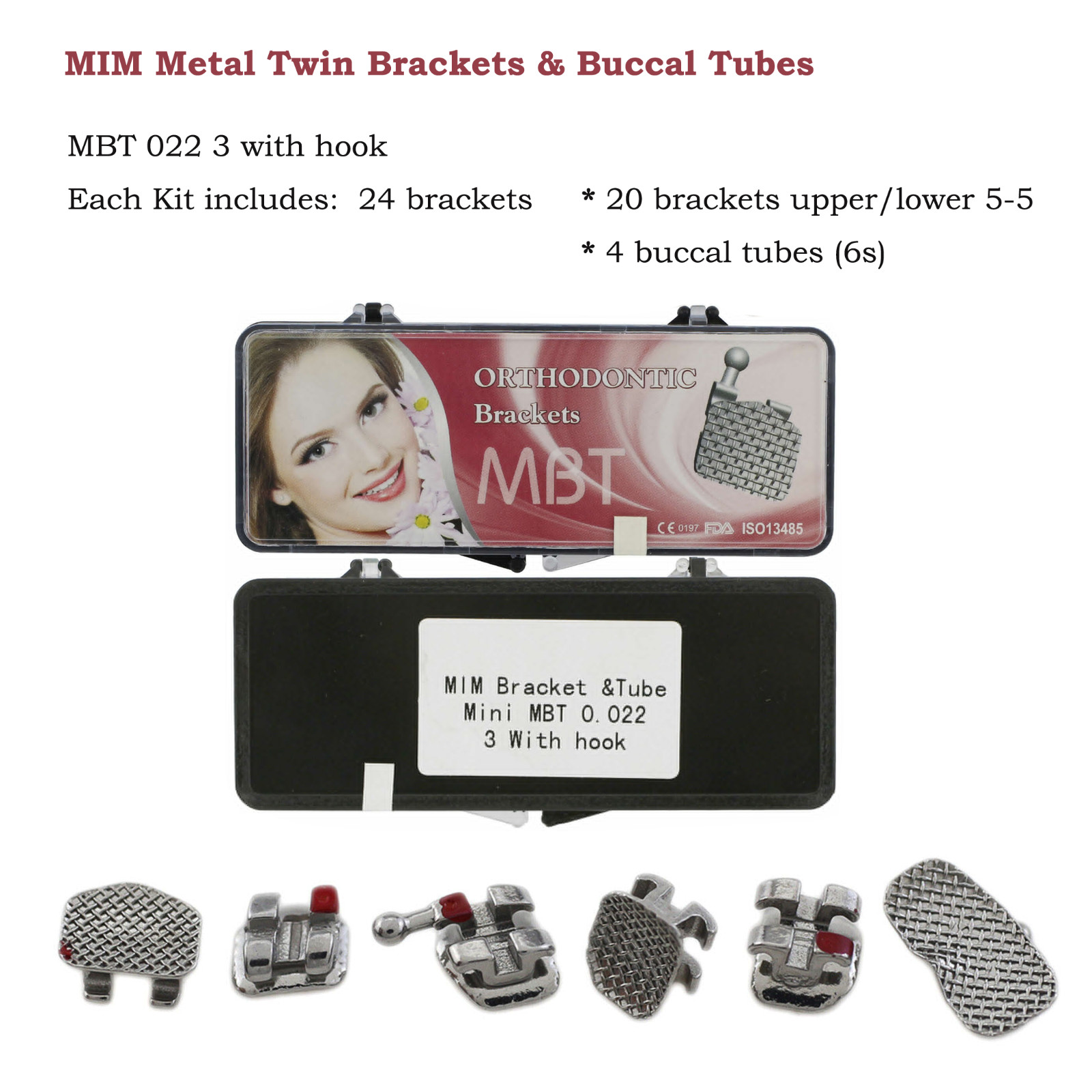 Dental Mini Brackets Orthodontic Braces Metal Roth MBT 022 3 / 345 Hooks 6-6 MIM