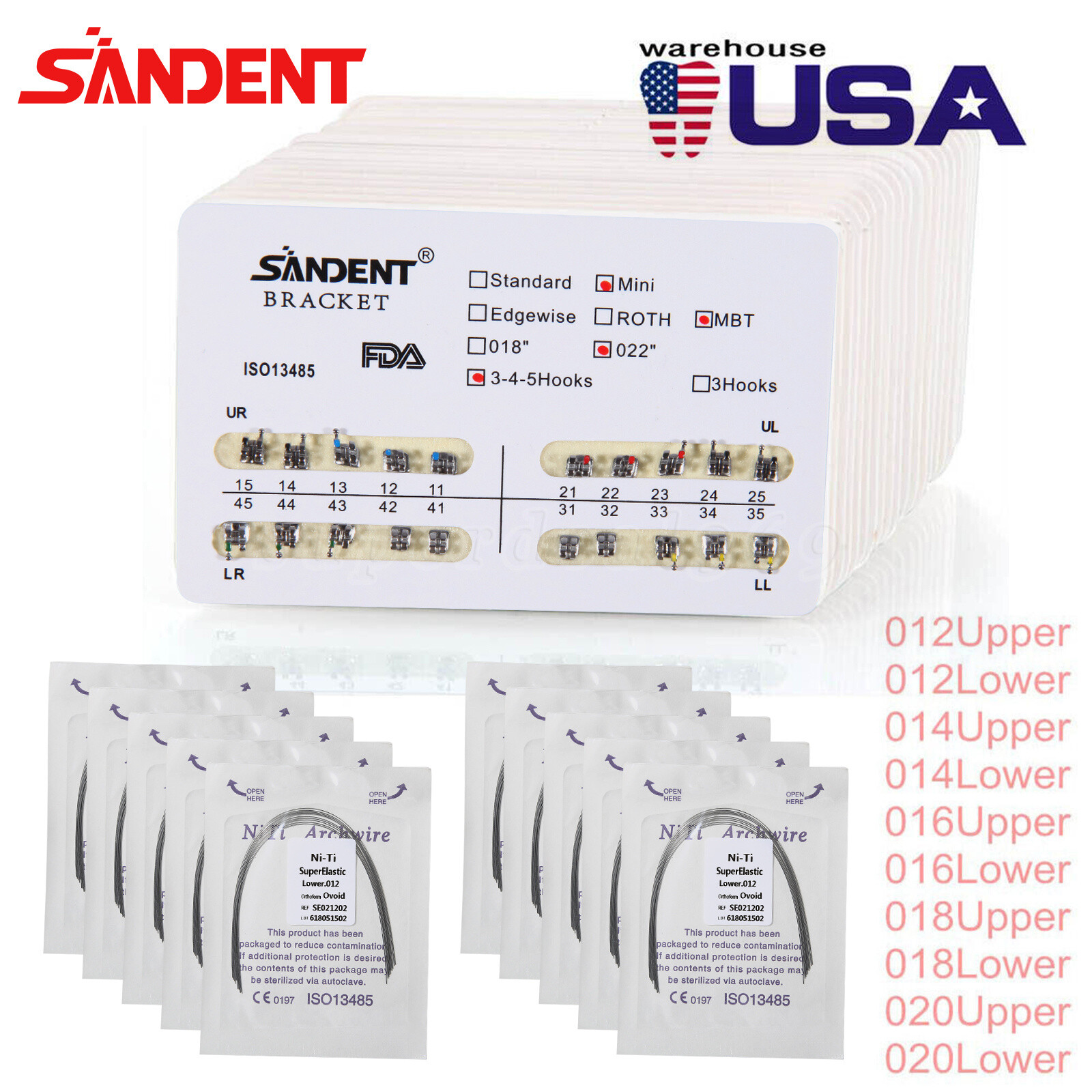 SANDENT Dental Orthodontic Braces Brackets Mini Roth.022 Hook345 / Arch Wire ns