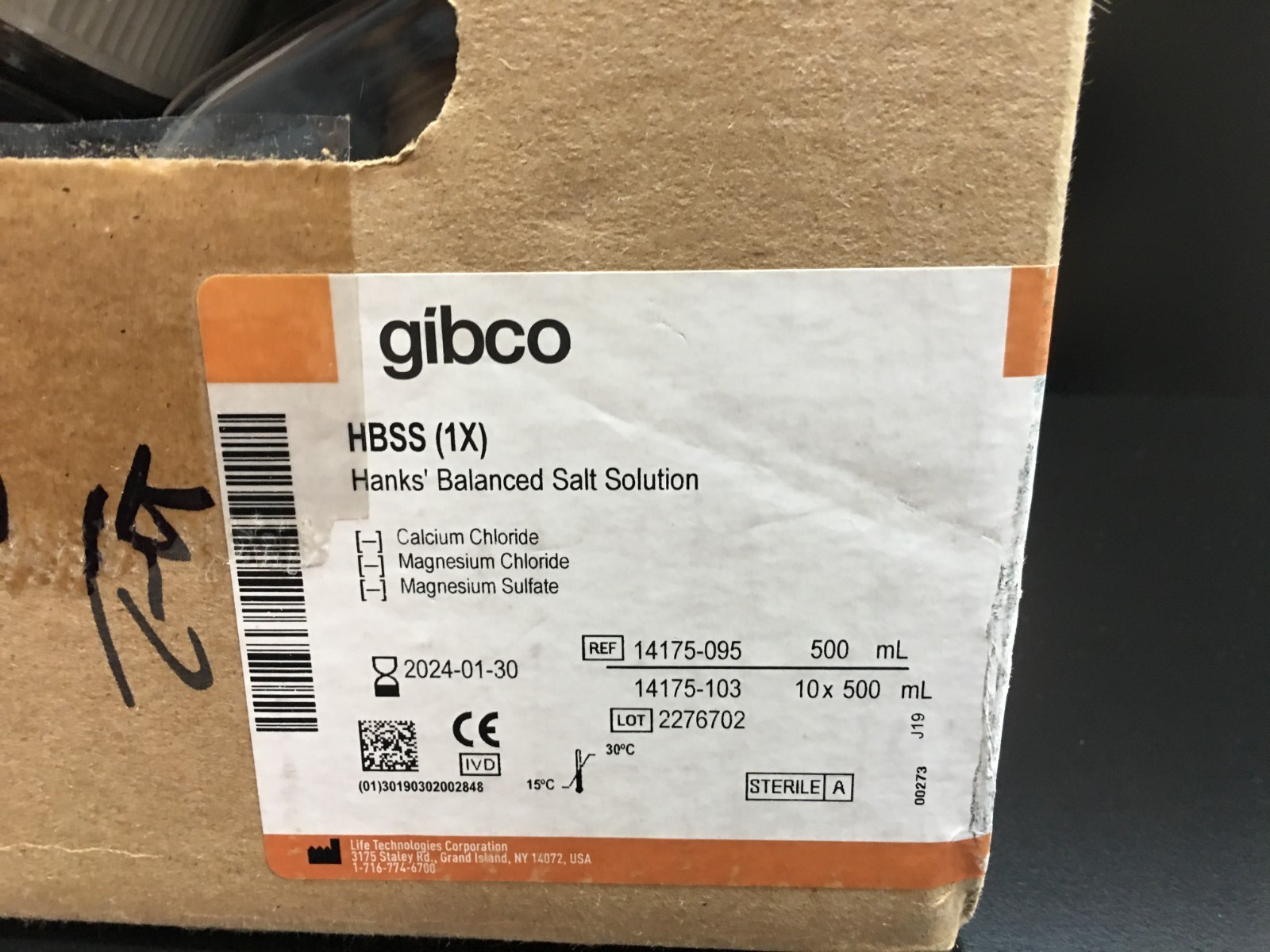 Gibco REF 14175-095 HBSS No Calcium No Magnesium No Phenol Red 500mL Lot 9 PCS