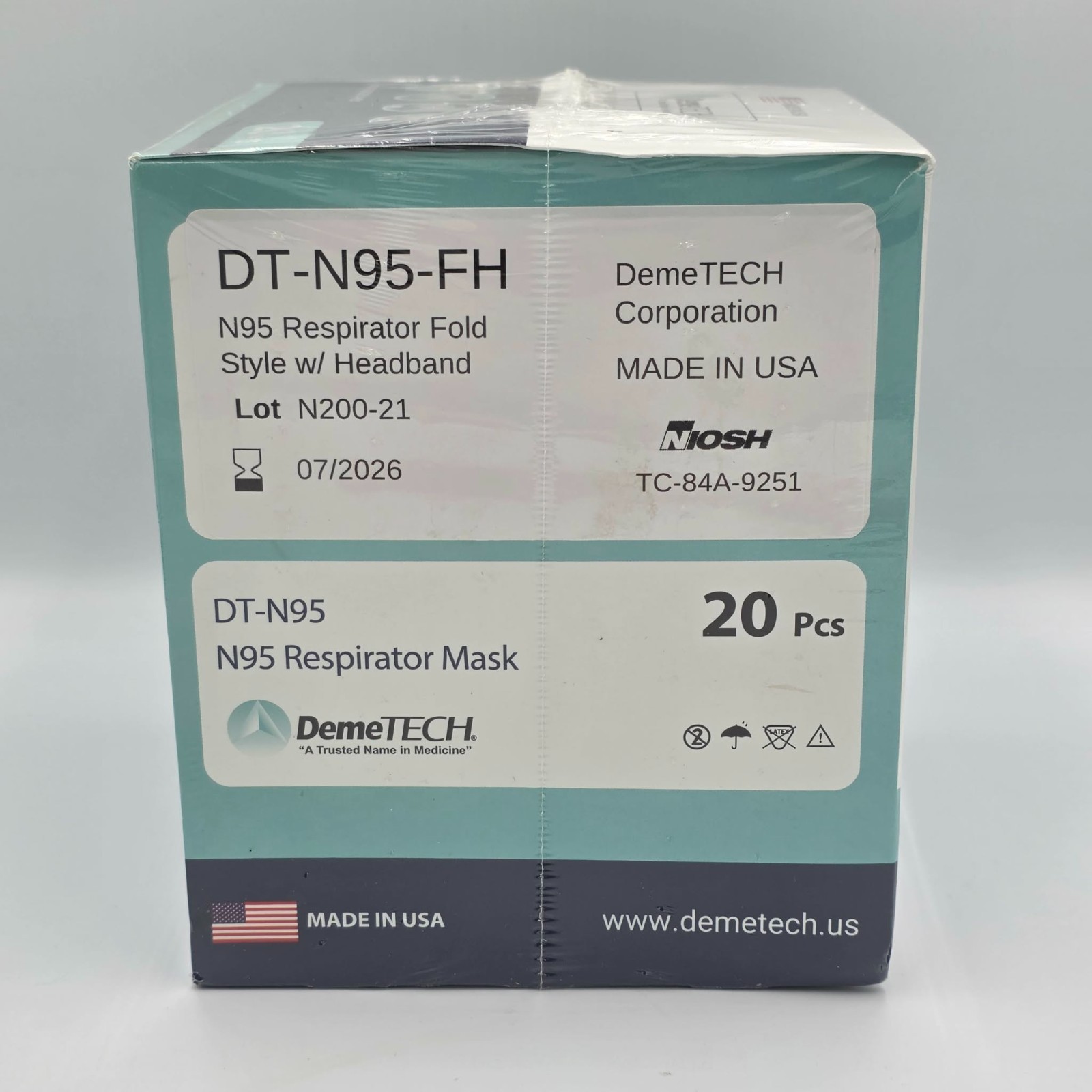 N95 Respirator Mask DemeTECH Cup Style DT-N95 20 Pack (July 2026) Made In USA
