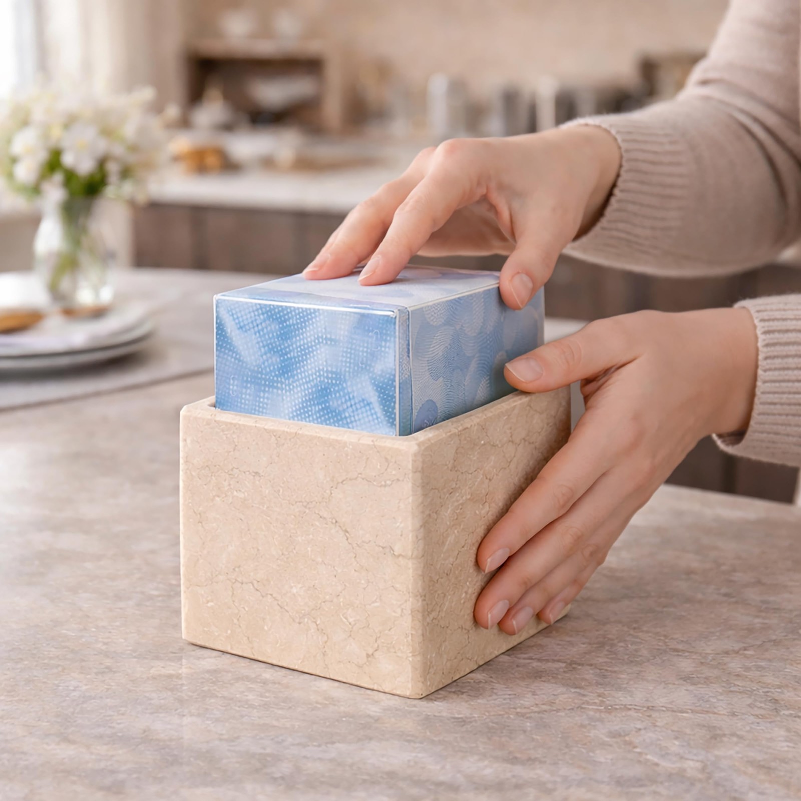 Creative Home Luxury Natural Champagne Marble Tissue Cover Heavy-Duty Square