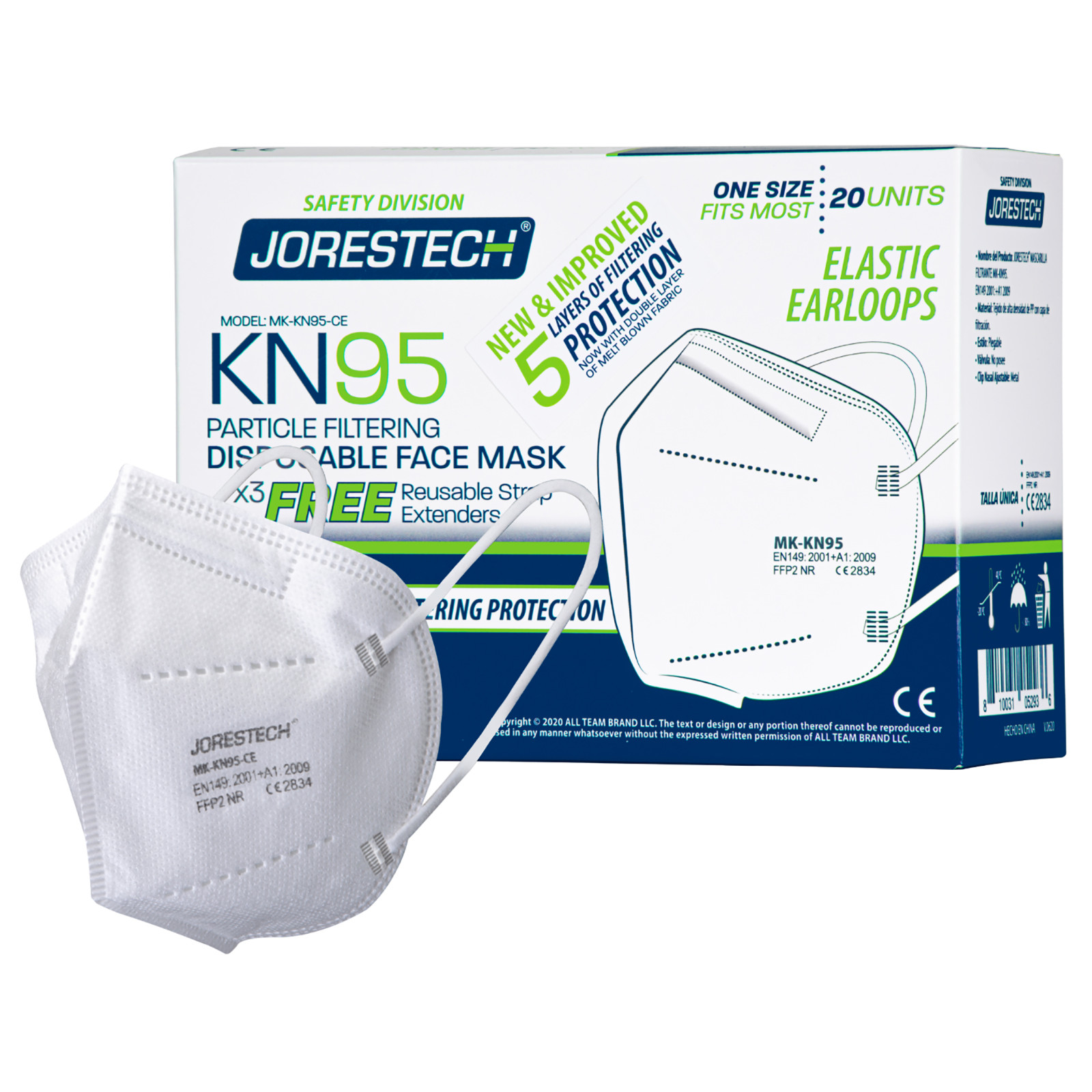 [20PCs] 5 Layer KN95 Disposable Face Mask Headband Style Individually Wrapped