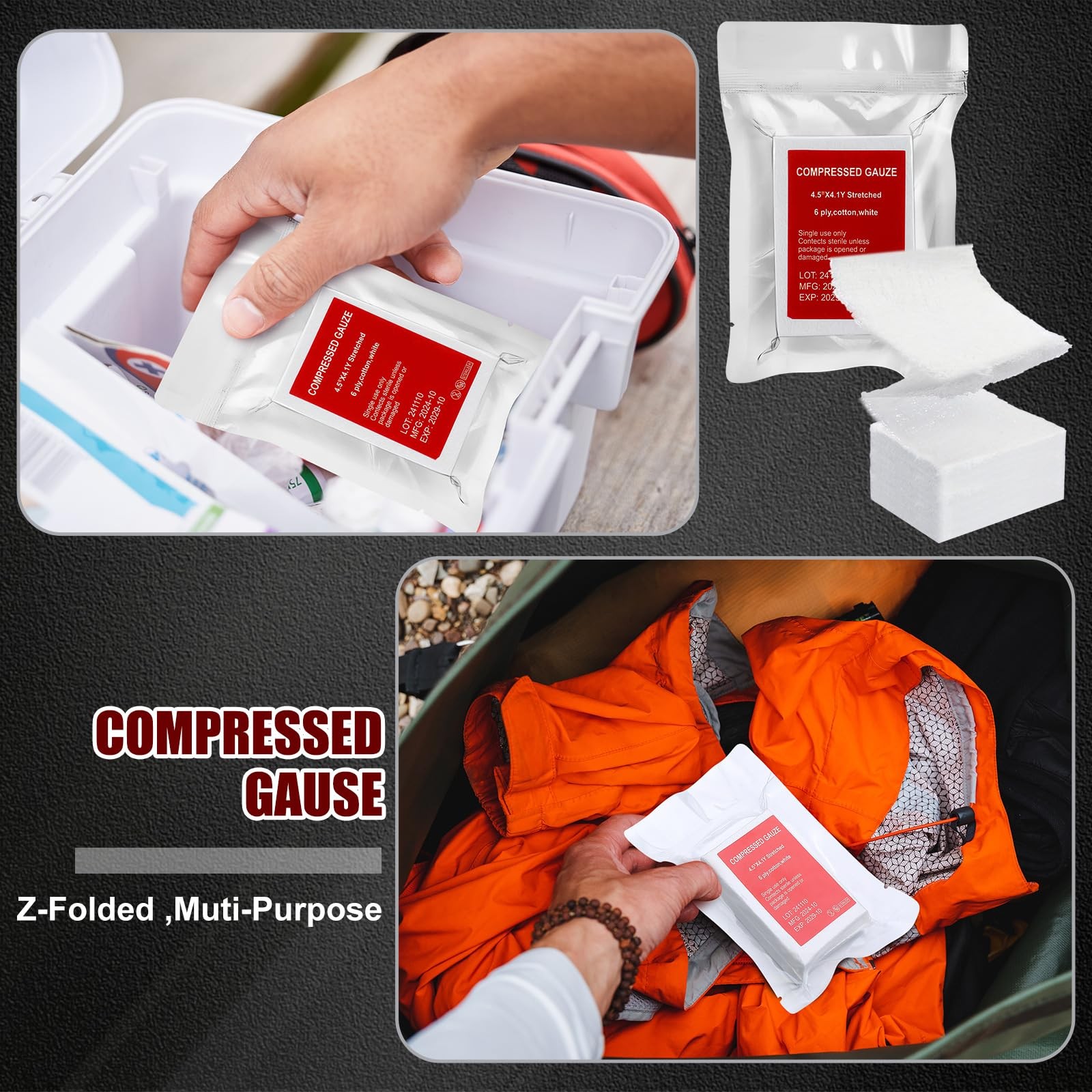 Threlaco 6 Pcs Z-Folded Compressed Sterile Gauze 4.5″ as picture shown, White