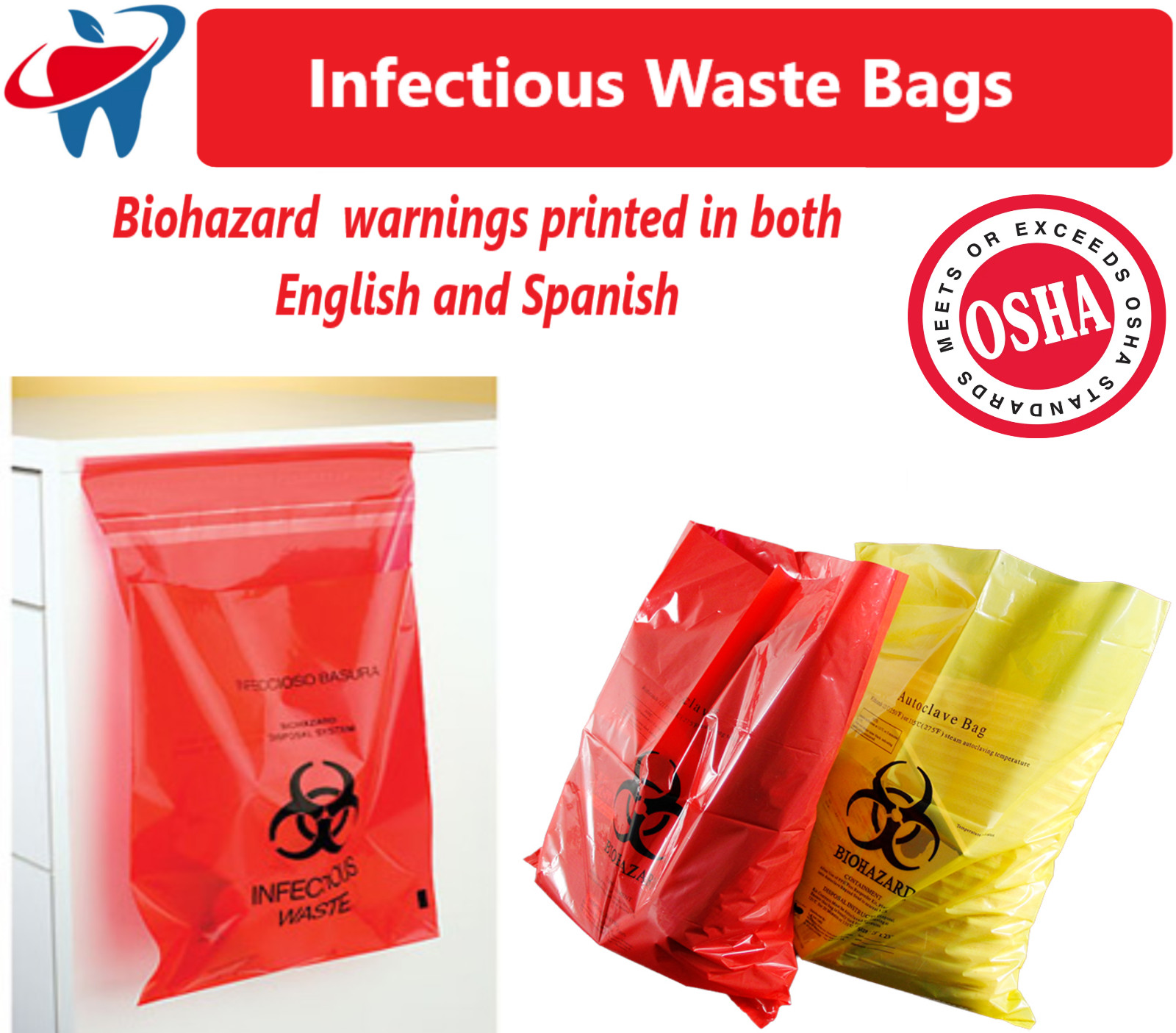 BIOHAZARD Infectious Waste Bags Red Adhesive Bag, Meets OSHA requirement