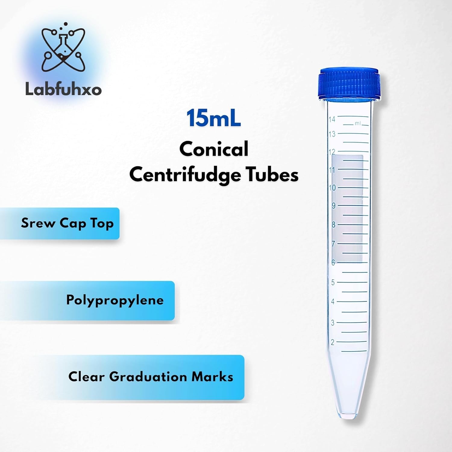 50 Pack 15mL Conical Centrifuge Tubes Sterile Plastic Test Tube with Screw Caps