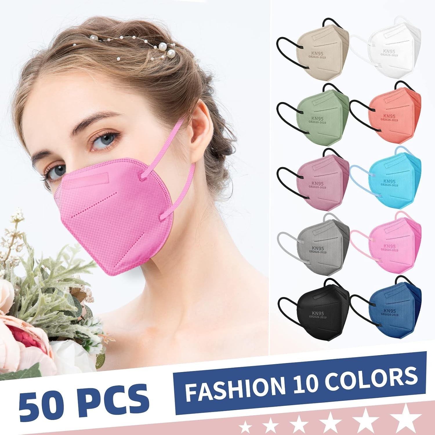 Disposable KN95 Face Masks, 50 Pack, 10 Colors, Individually Wrapped