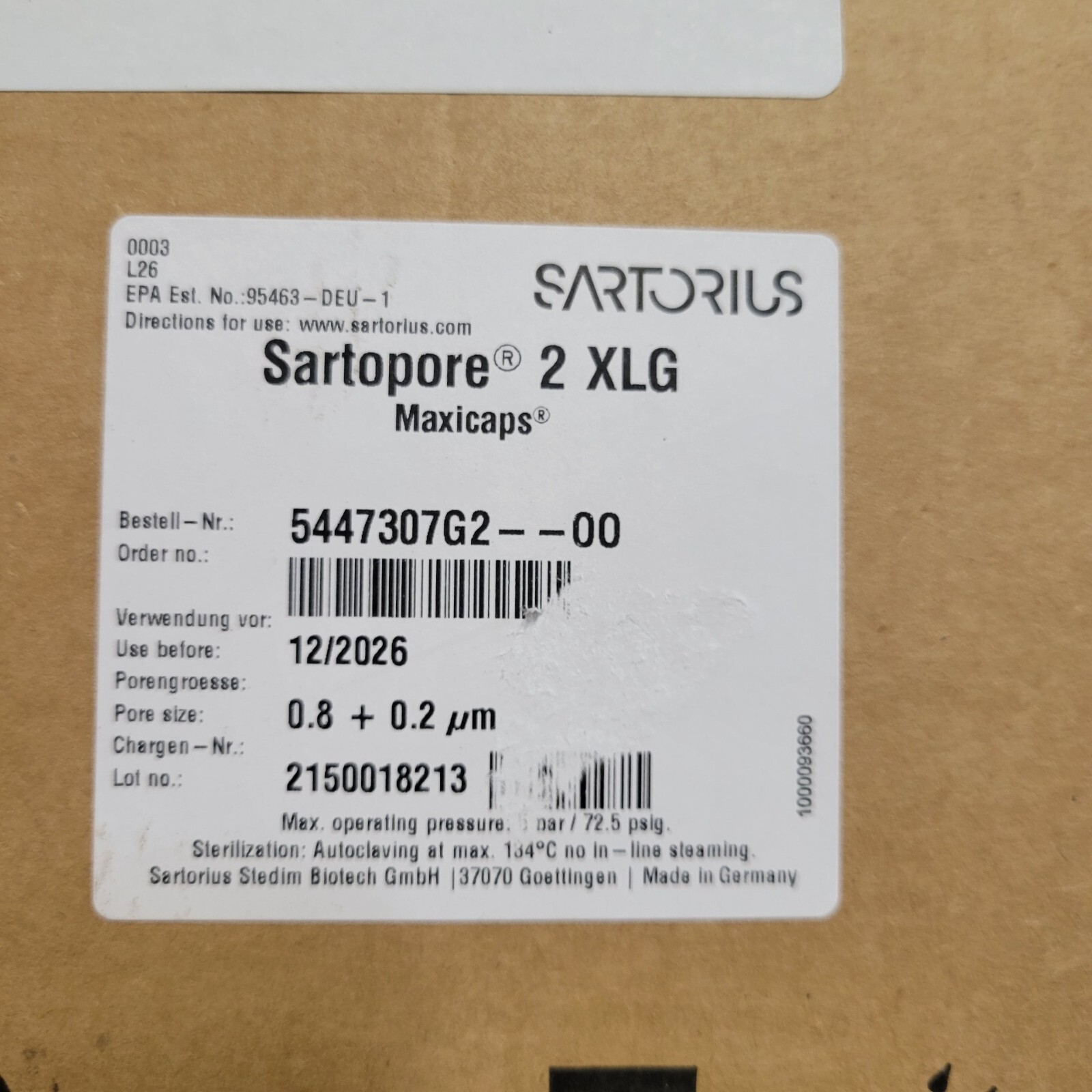 20″ Sartorius 5447307G2–OO Sartopore 2 XLG Maxicaps 0.8 + 0.2µm hose barb 1/2″