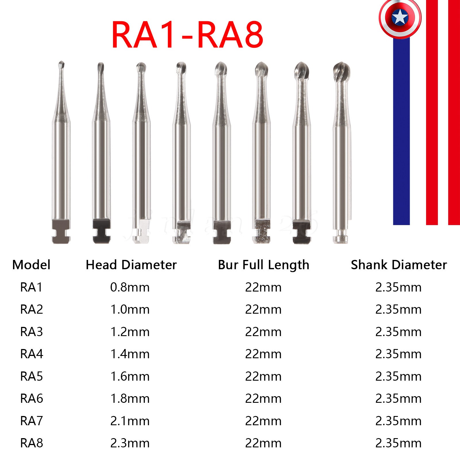 Dental Round Carbide Bur for Slow Speed Latch Type Handpiece RA 1# – 8# Burs