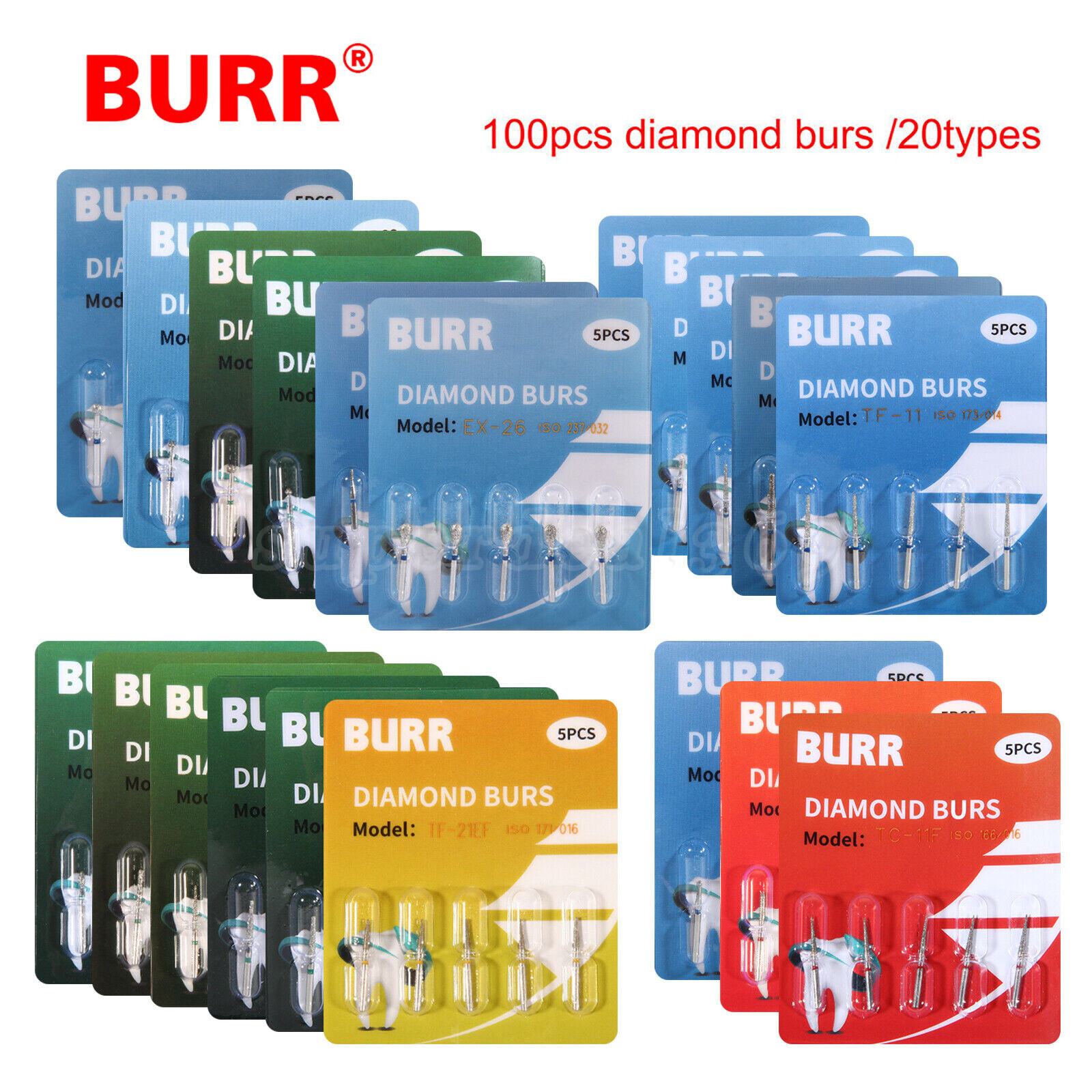 20 Types Dental Diamond Burs for High Speed Handpiece Medium FG 1.6MM 100pcs