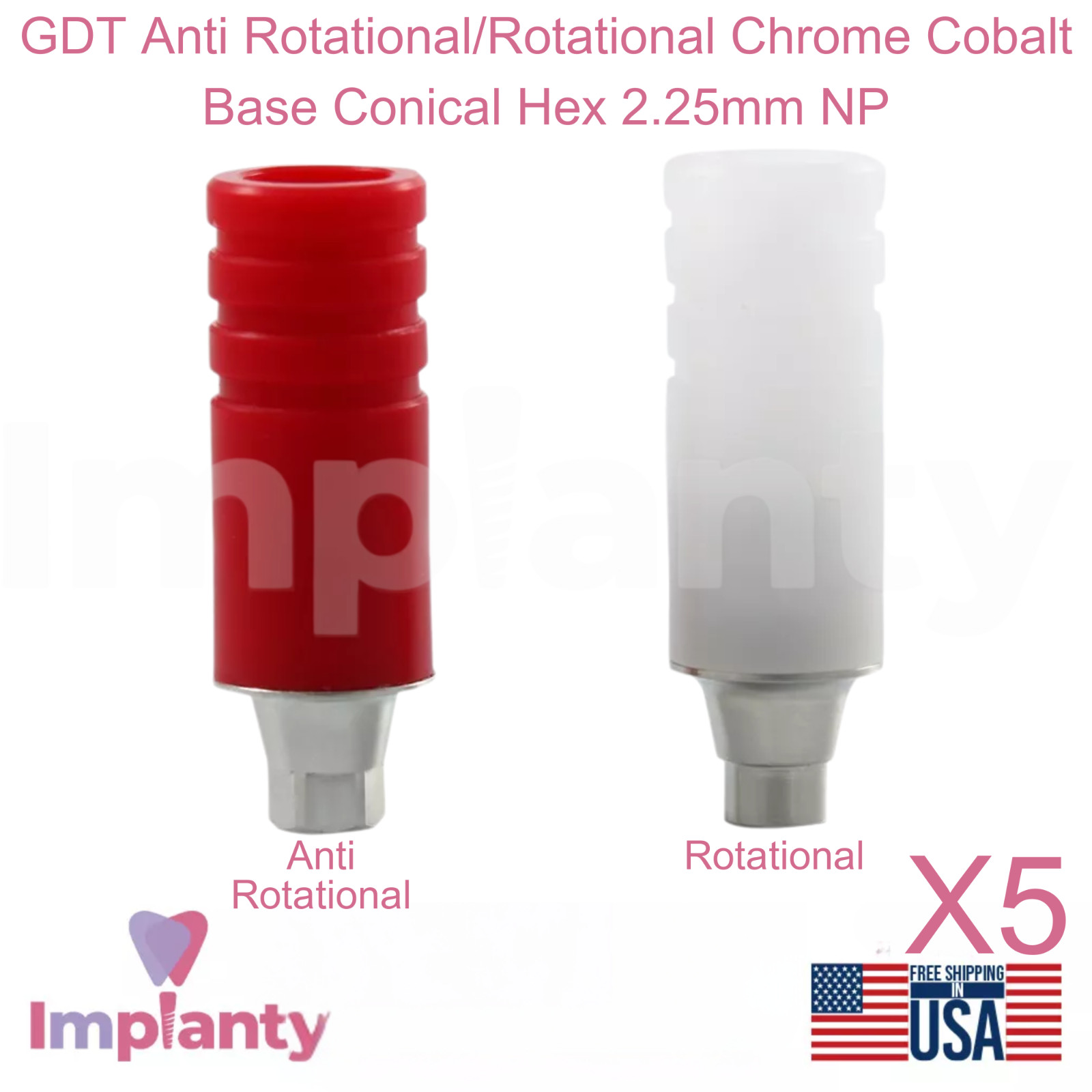 5x GDT Anti Rotational/Rotational Chrome Cobalt Base Conical Hex 2.25mm NP