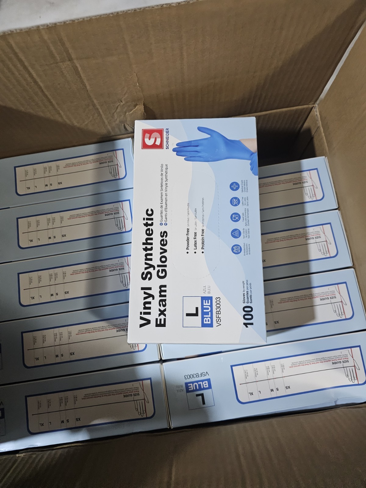 1000 Schneider Blue Vinyl Synthetic Exam Gloves Large VSFB3003 10 Boxes