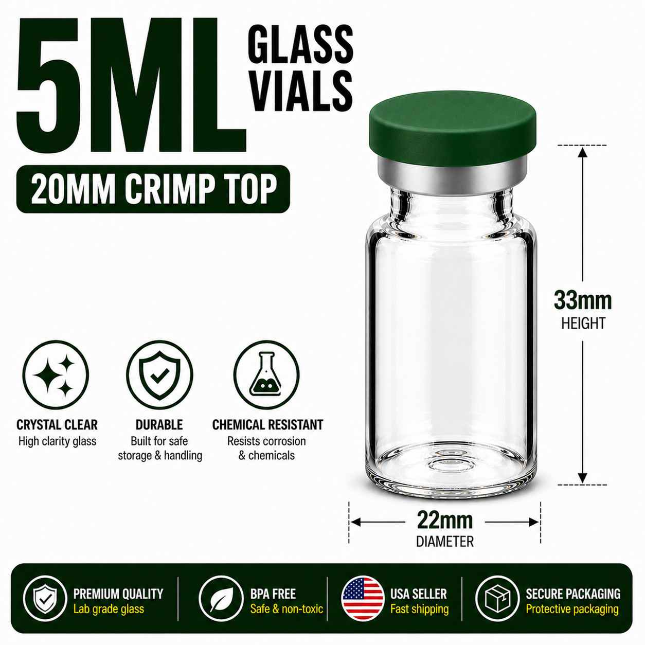 5ml Glass Vials 20mm Crimp Top w/ Rubber Plugs & Flip Off Caps Serum Lab Vials