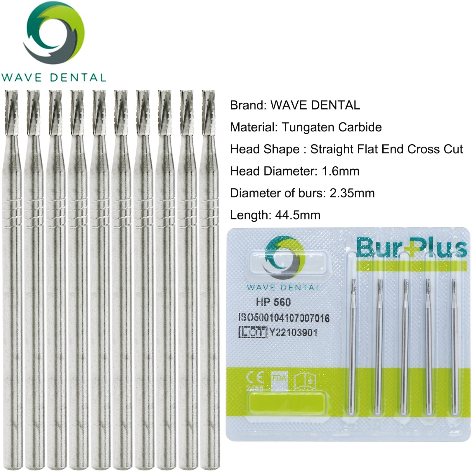 US 10 Pcs WAVE Dental Tungsten Carbide Bur Straight Fissure HP 555 – 563 Prima