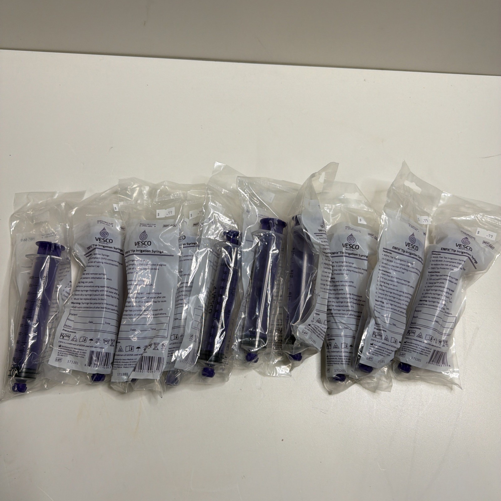 10 Vesco Piston Irrigation Syringes FlatTop w/ enfit Tip 60ML New.