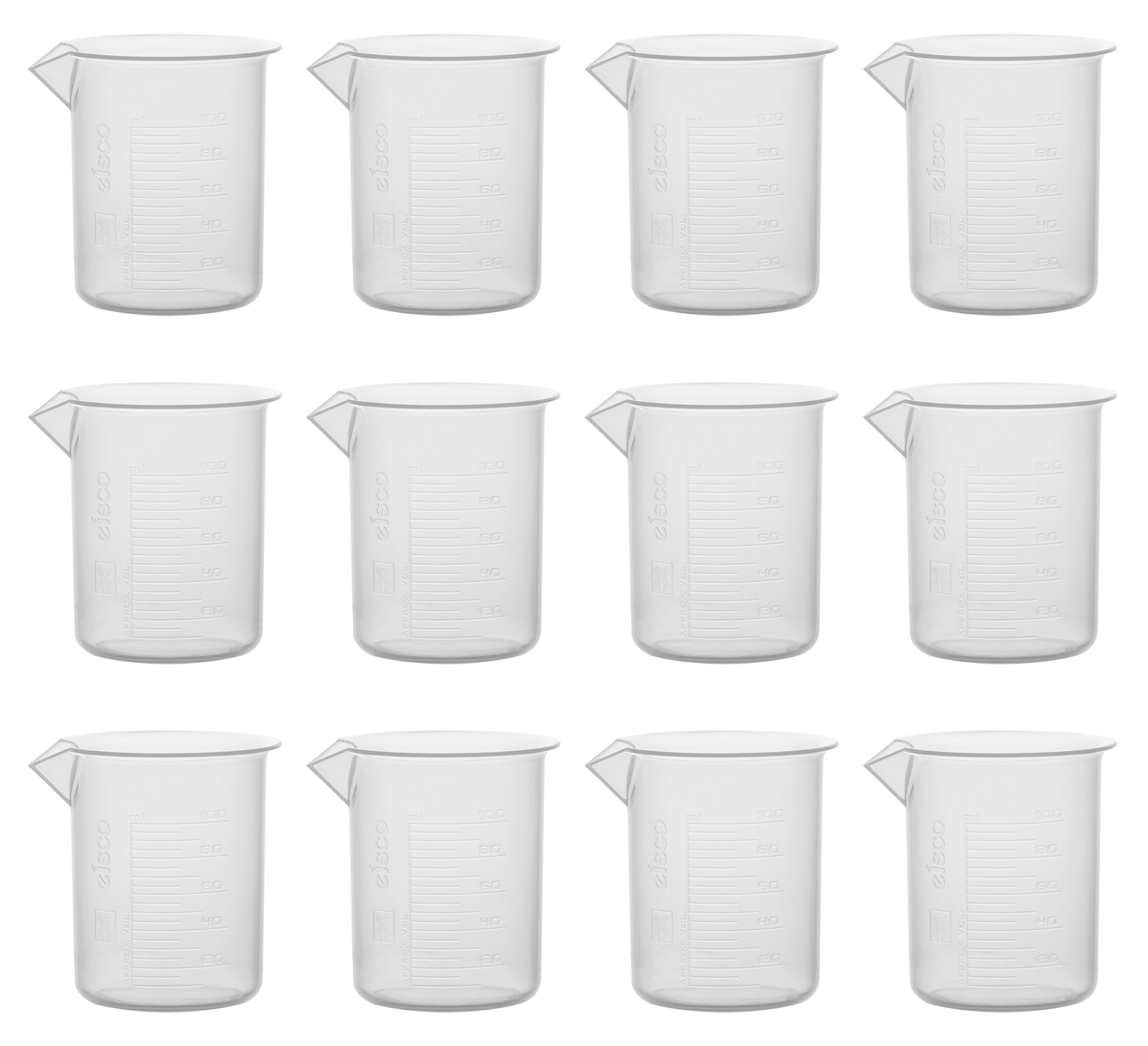 Eisco Labs 100ml Polypropylene Plastic Beakers, Raised Graduations – 12 Pack