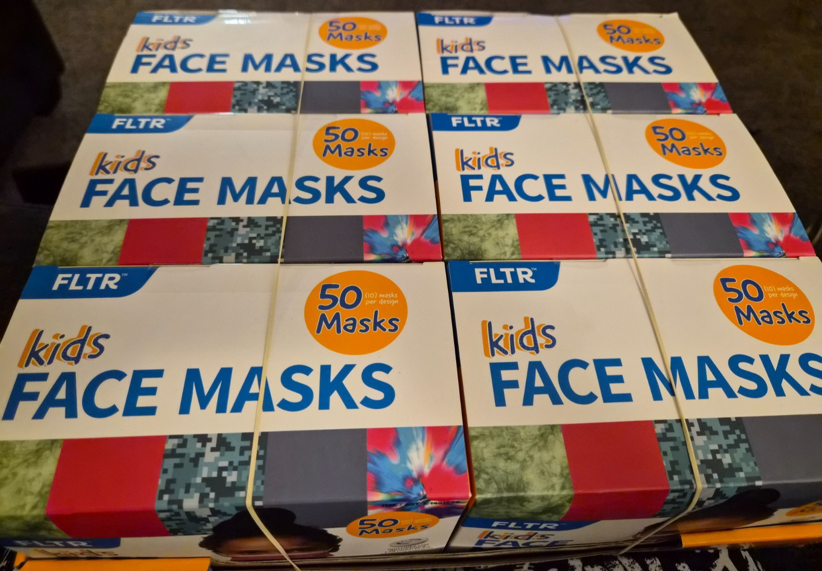 Lot of 6, FLTR Kids Face Masks 5 Designs 50 Pack, 20 adjustable ear loop clips