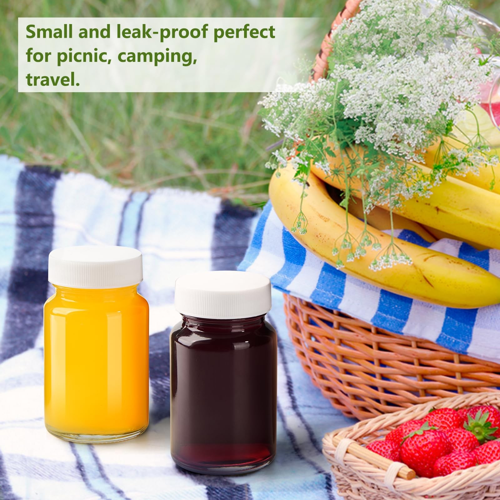 24 Pack 2 oz Reusable Small Glass Bottles with Lids, Wellness 2oz_24pack