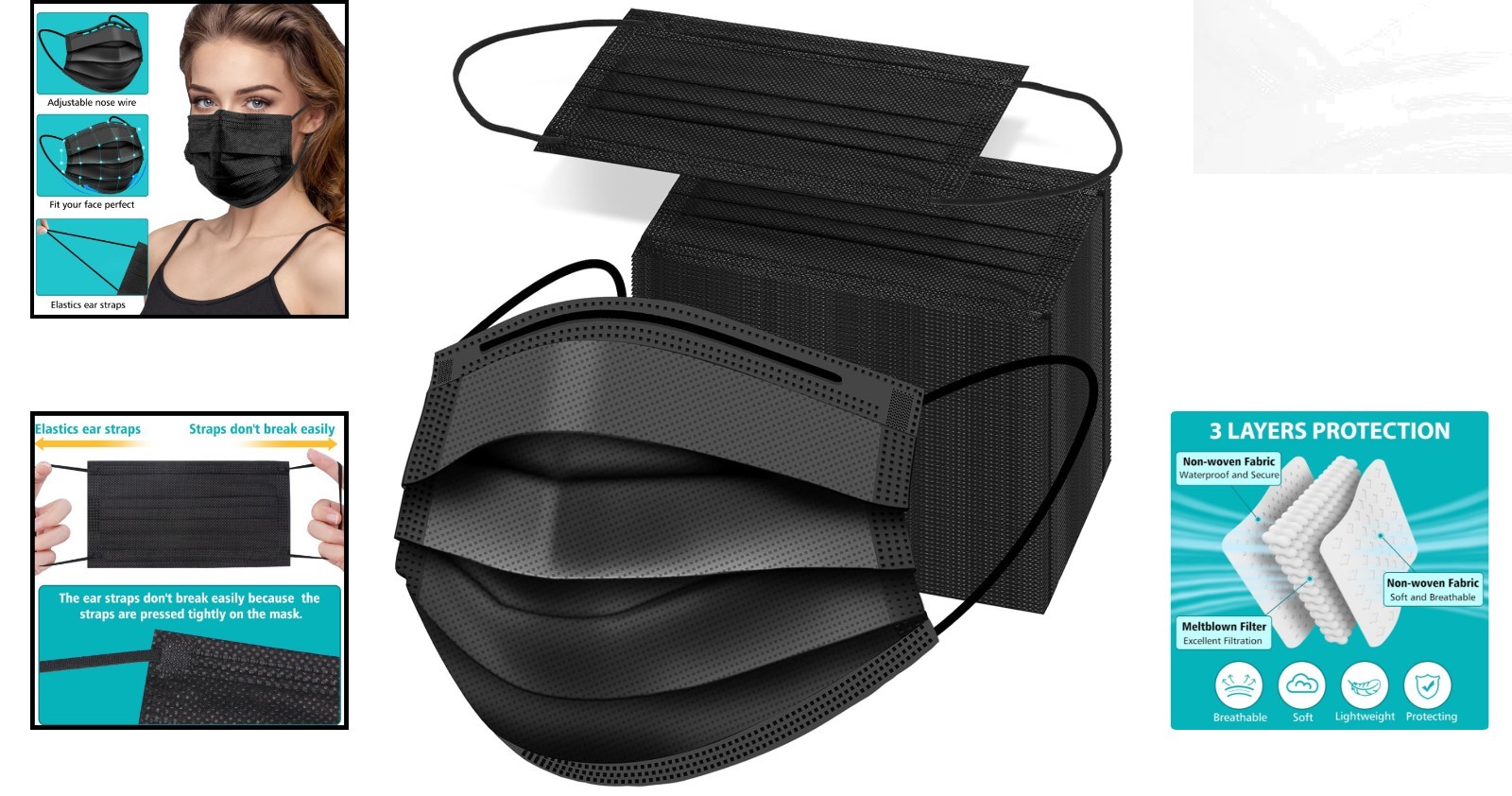 50PCS Stylish Black Disposable Face Masks – 3 Layer Protection for Adults