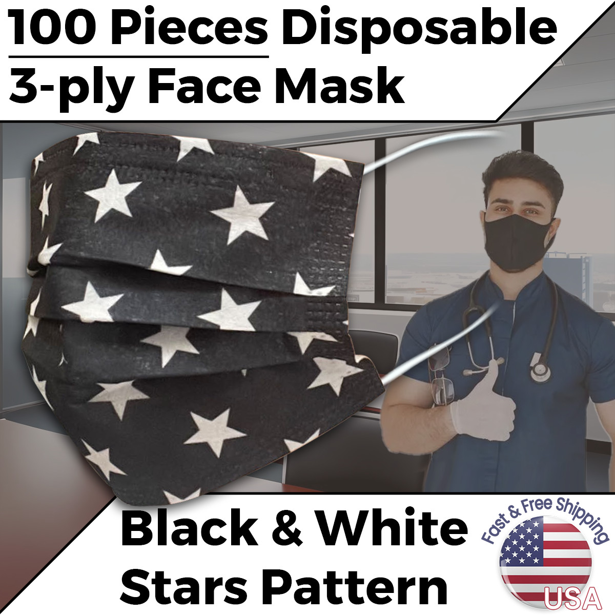 Black & White Face Mask Disposable 3-ply Mouth Cover w/ Star Pattern 100pcs