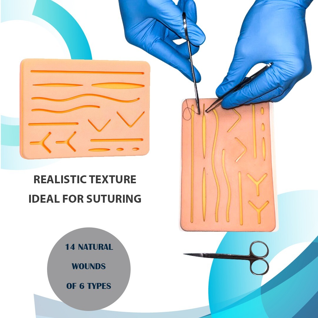 Suturing Tools for Medical & Nursing Students, Large Silicone Pad with wounds