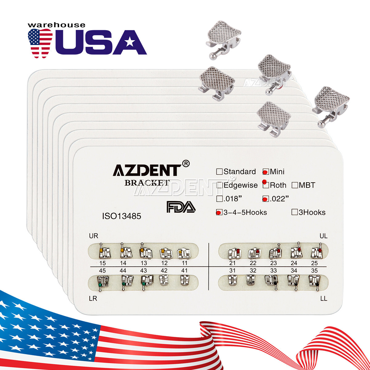20 Packs AZDENT Dental Ortho Brace Brackets Mini/Standard MBT/Roth 022/018 Hooks