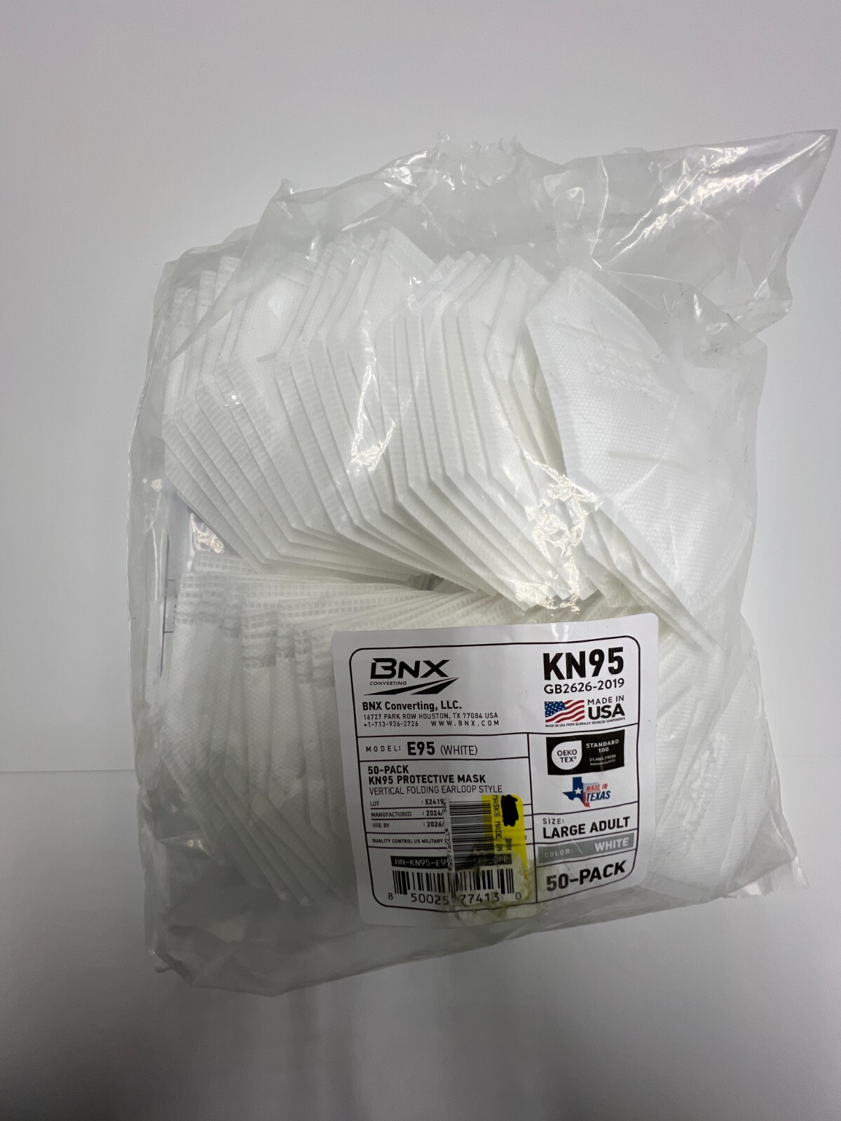 (QTY 50) BNX KN95 E95 Vertical Folding Earloop Style Protective Mask White