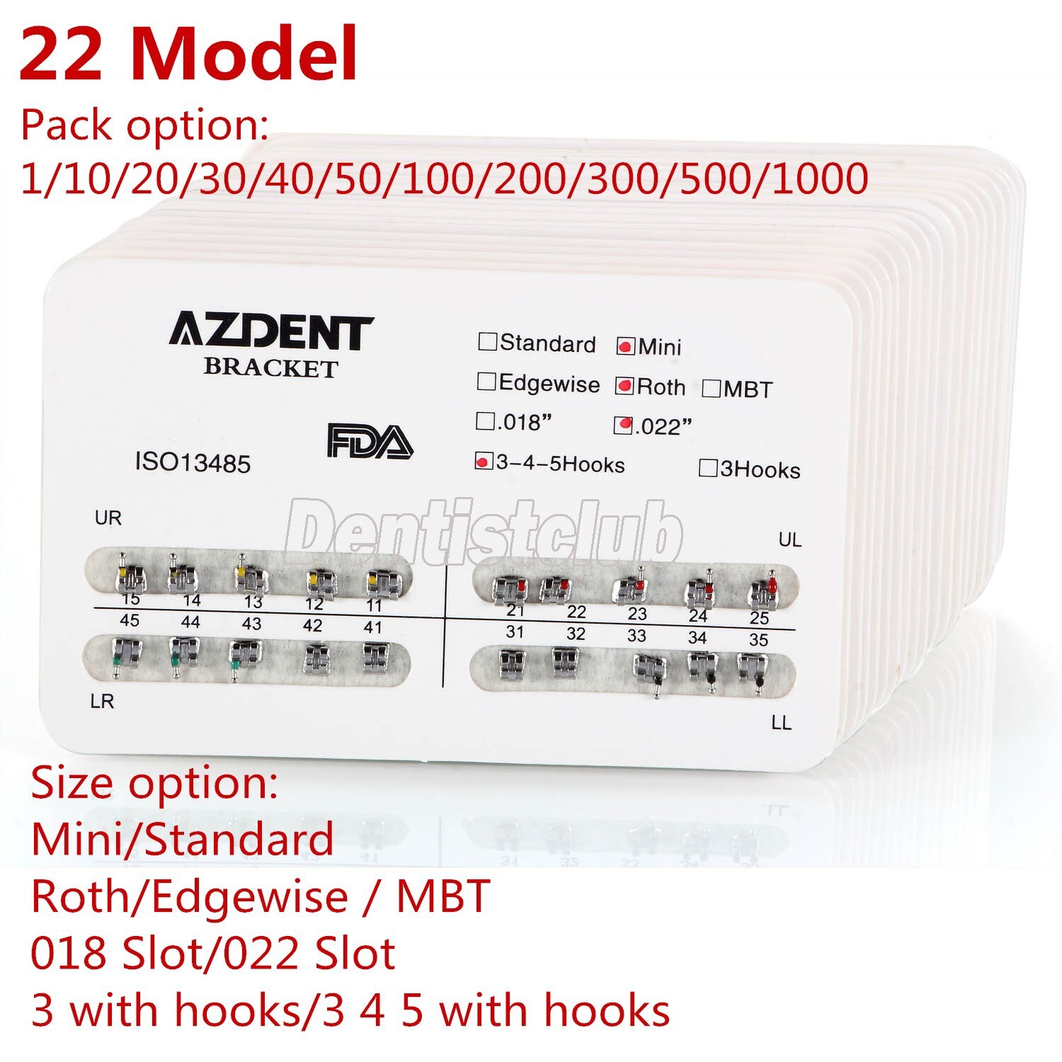 AZDENT Dental Orthodontic Brackets Braces Metal Mini Roth/MBT .022/018 Hooks 345